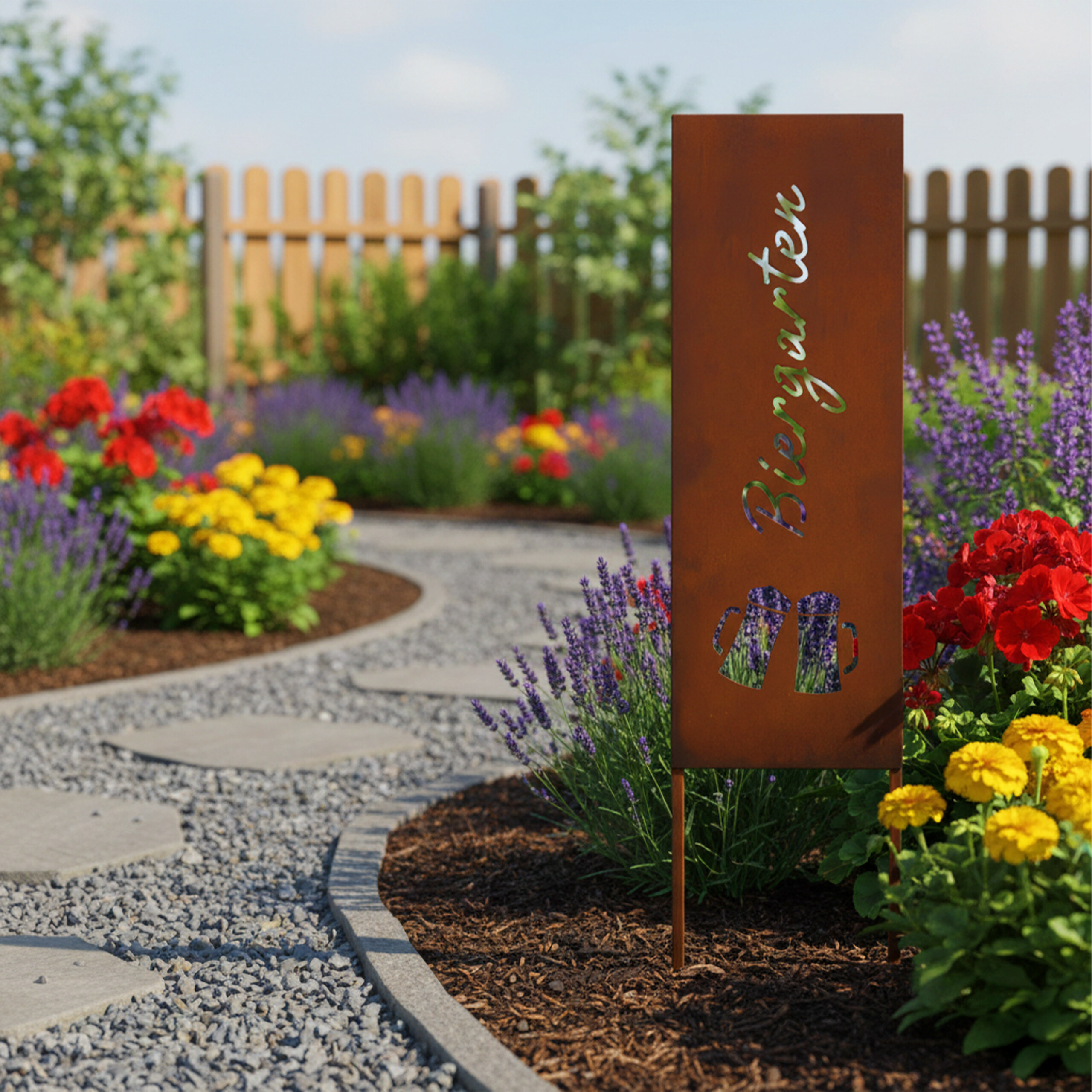 Ein rostige Metallschild mit 'Biergarten'-Text und Bierkrug-Ausschnitten steht zwischen bunten Blumen und einem Kiesweg.