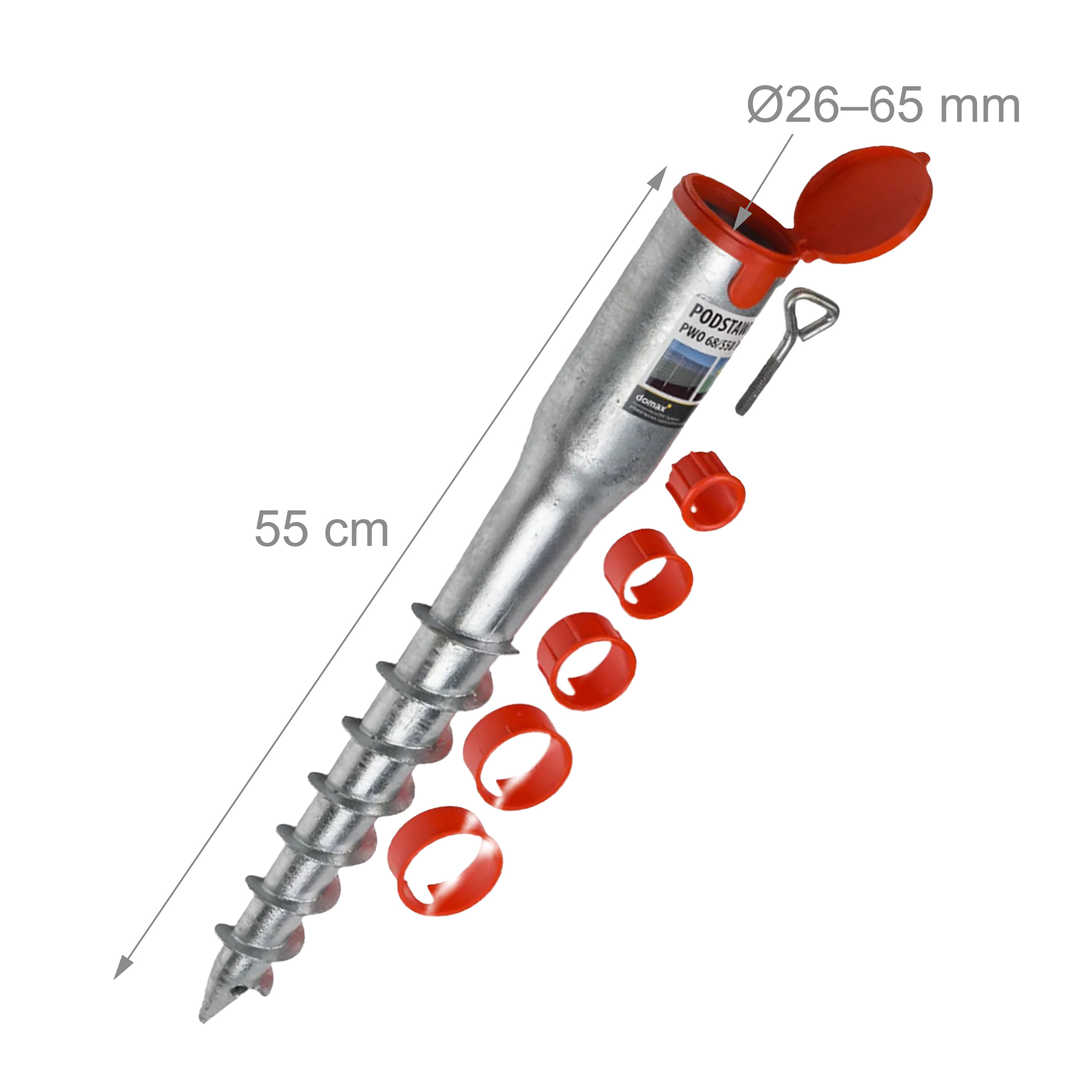 Verzinkter Erdnagel, 55 cm lang, mit roten Reduzierringen, Schraube und offenem Deckel auf weißem Hintergrund.