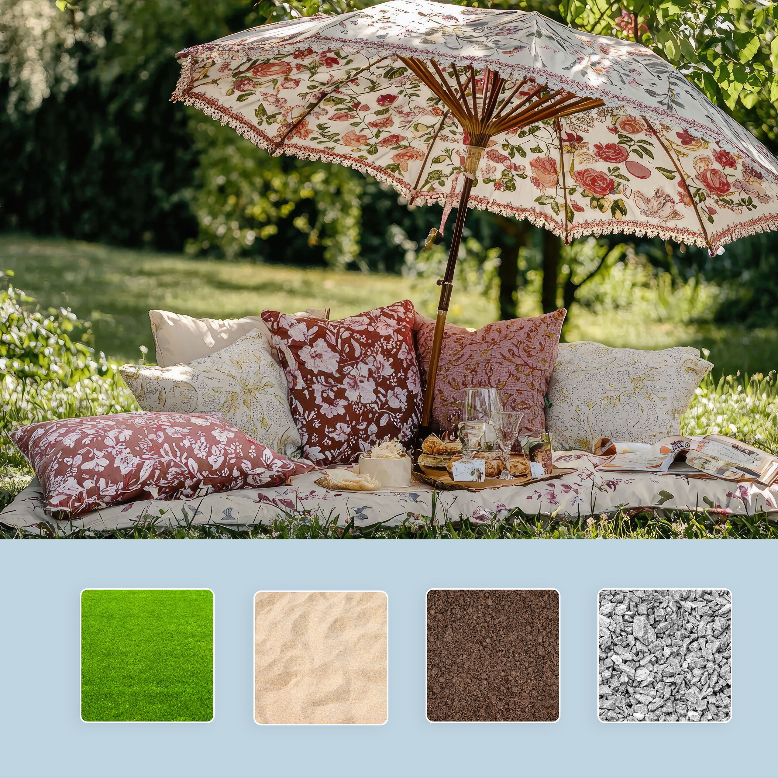 Ein gemütlicher Picknickplatz mit Blumenkissen, Speisen und einem Sonnenschirm im Gras.