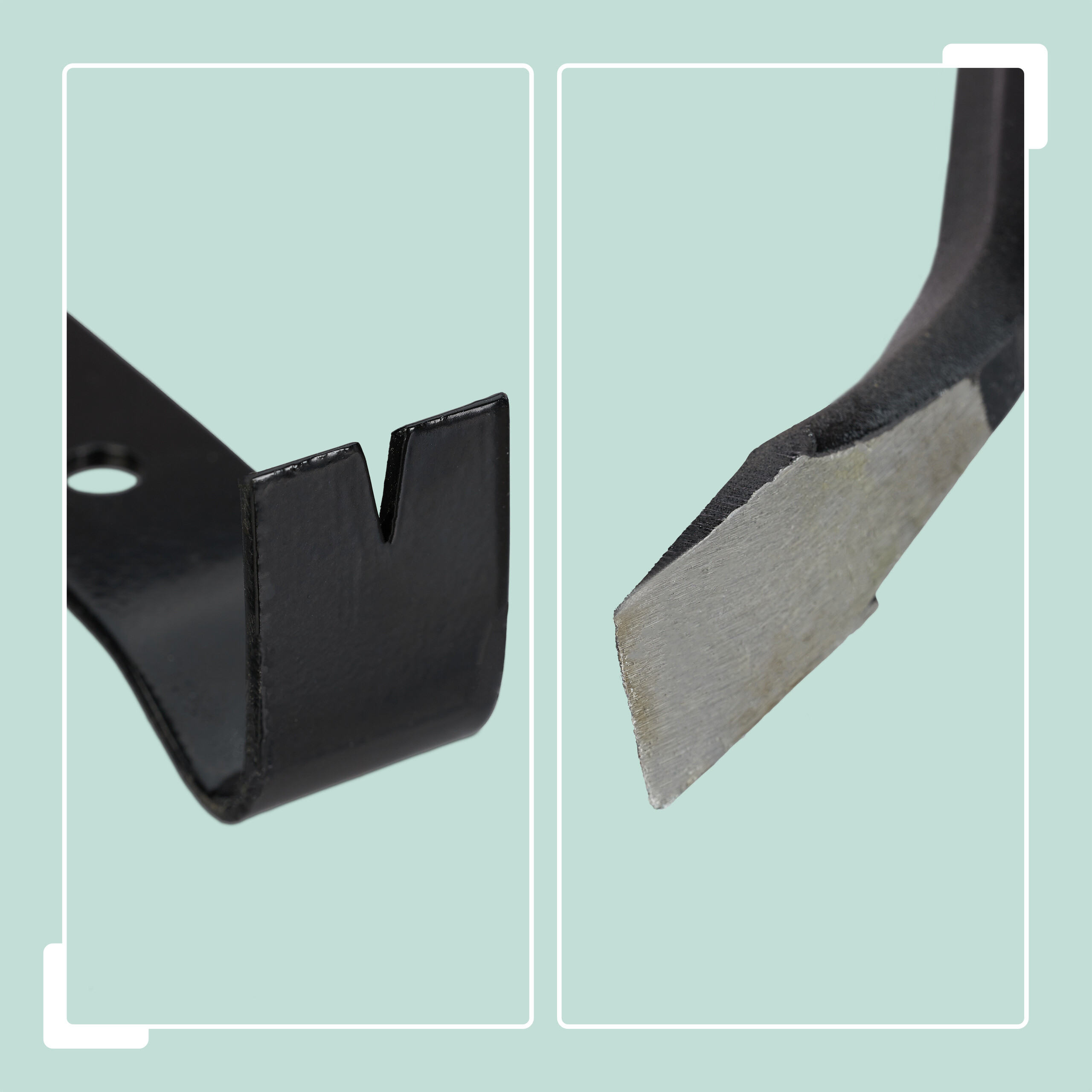 Zwei Nahaufnahmen eines schwarzen Metallwerkzeugs, links mit V-förmigem Schlitz und rechts mit einer flachen Klinge.