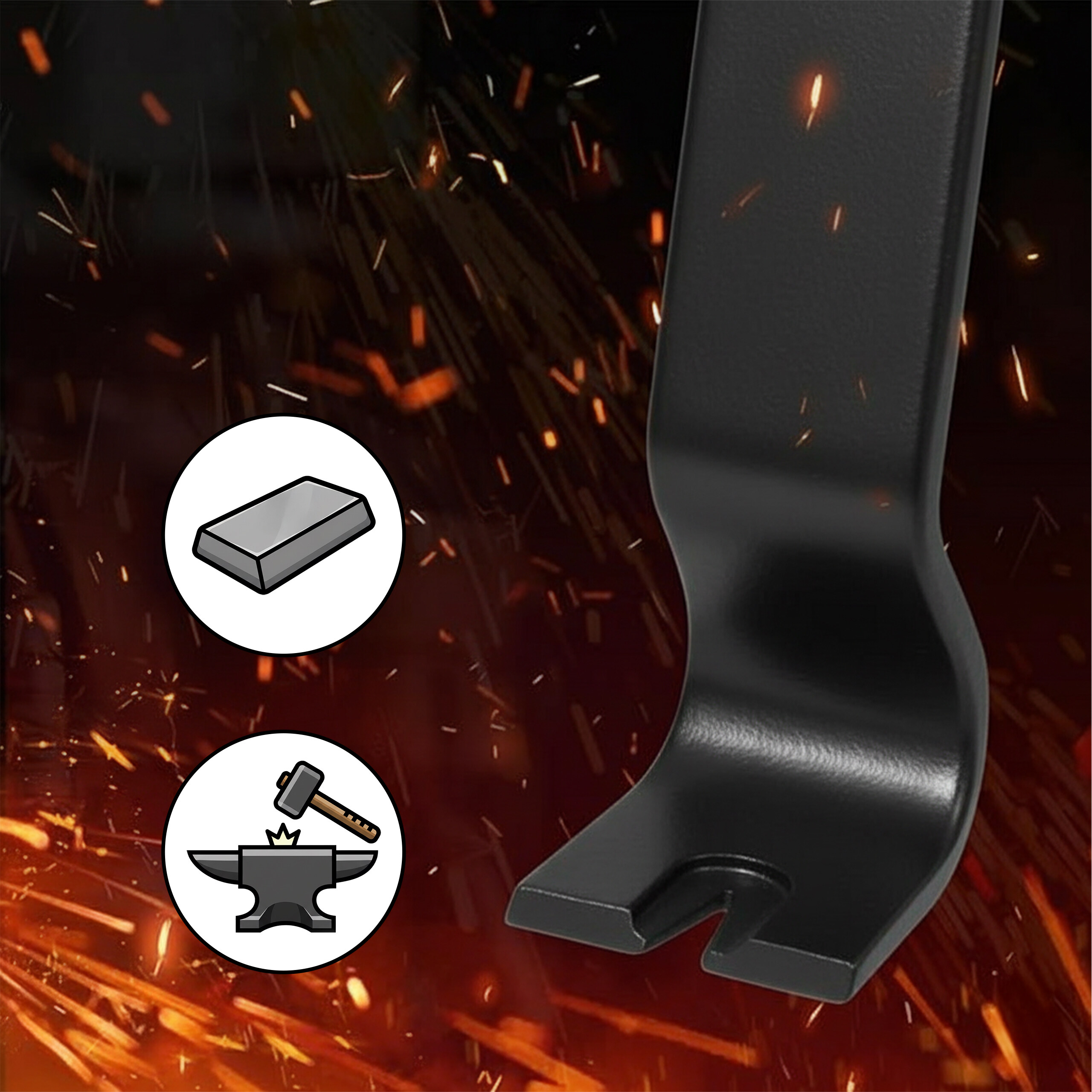 Schwarzes Metallwerkzeug vor feurigem Hintergrund mit zwei kleinen Illustrationskreisen.