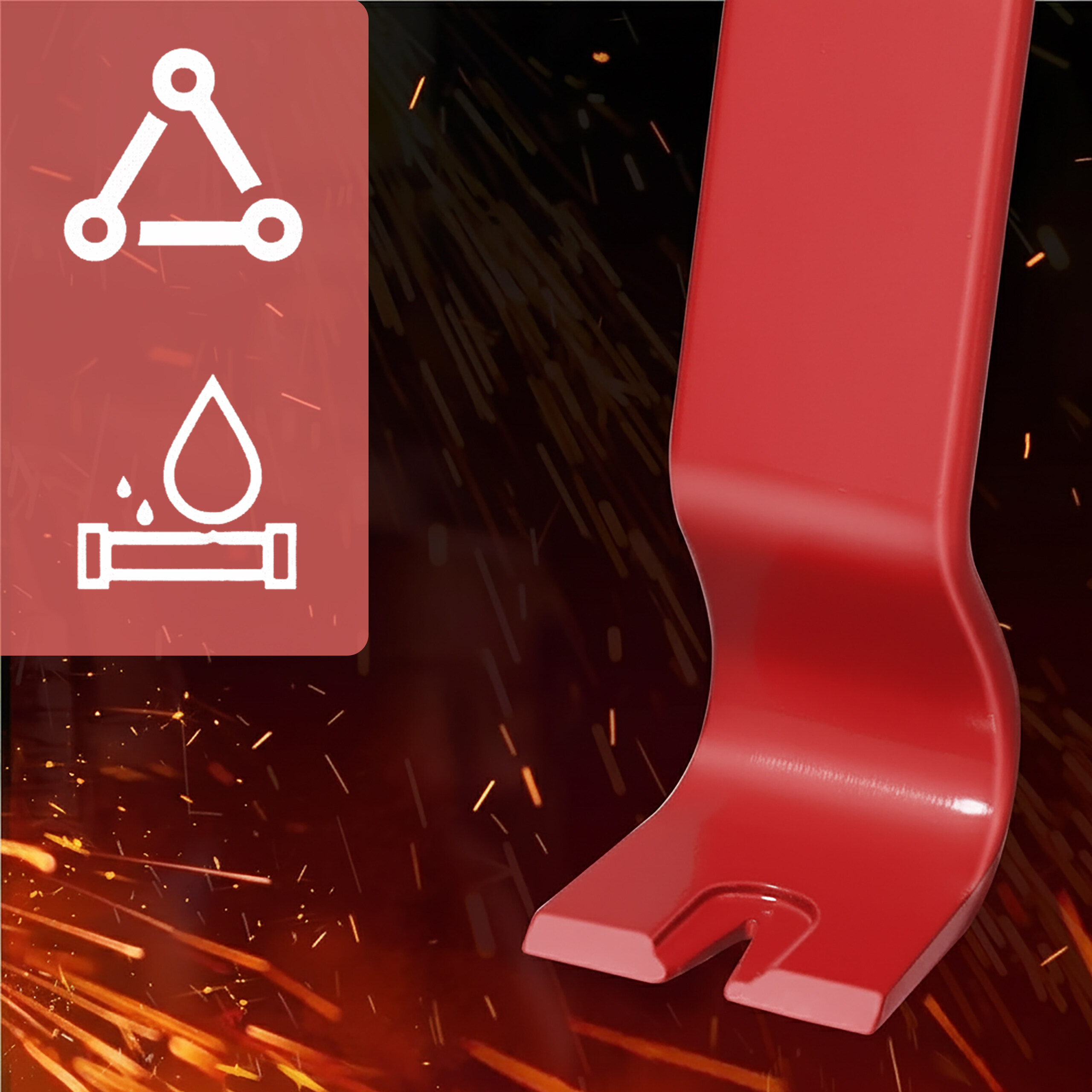 Rotes Brecheisen vor funkelndem Hintergrund mit zwei Icons links.