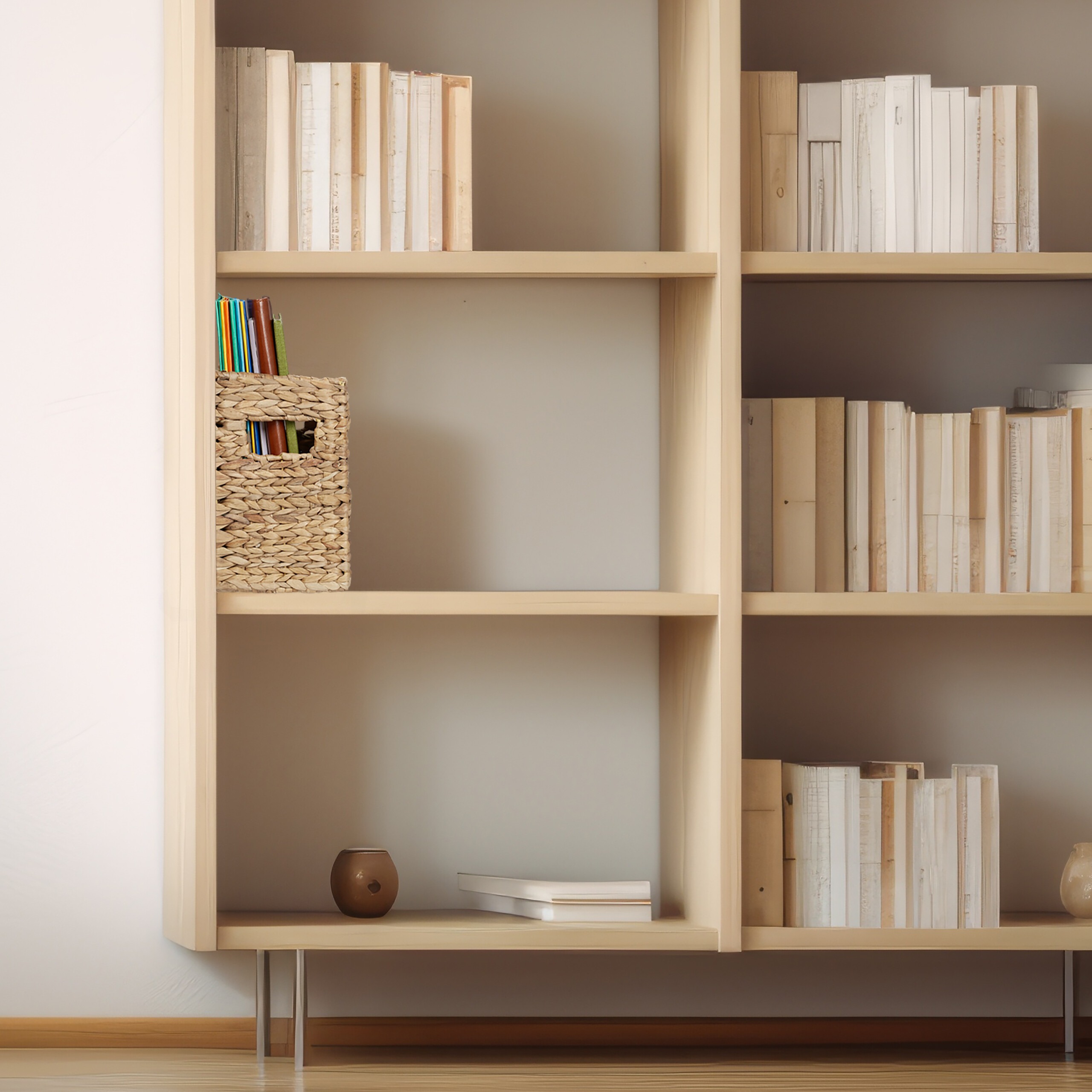 Ein großes, helles Holzregal mit verschiedenen Büchern, einem geflochtenen Korb und kleinen Dekorationsgegenständen.