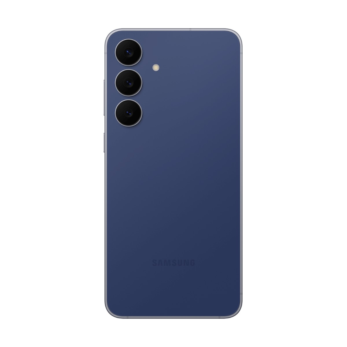 Die Rückseite eines blauen Smartphones mit drei vertikalen Kameras und dem Samsung-Logo.