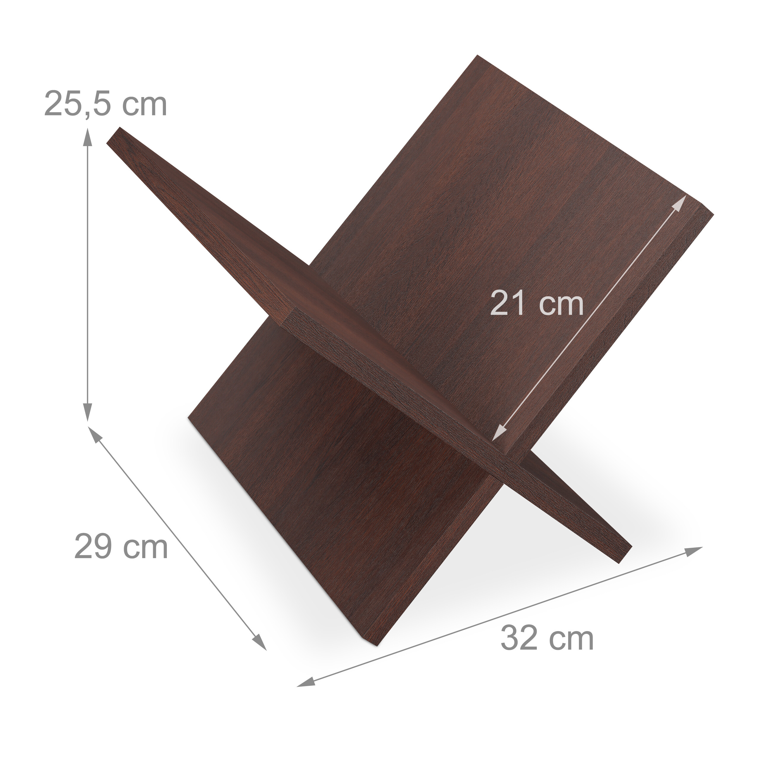 Dunkelbrauner Holzbücherständer mit Bemaßung: 25,5 cm Höhe, 29 cm Tiefe, 32 cm Breite und 21 cm Plattenbreite.