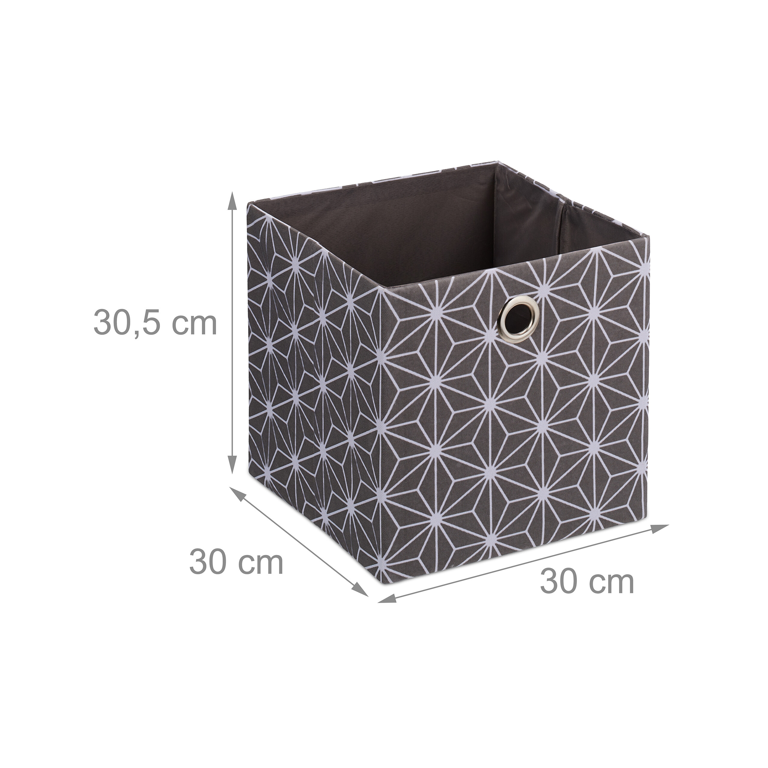 Graue Faltbox mit weißem Sternmuster und Maßen: 30x30x30,5 cm auf weißem Grund.
