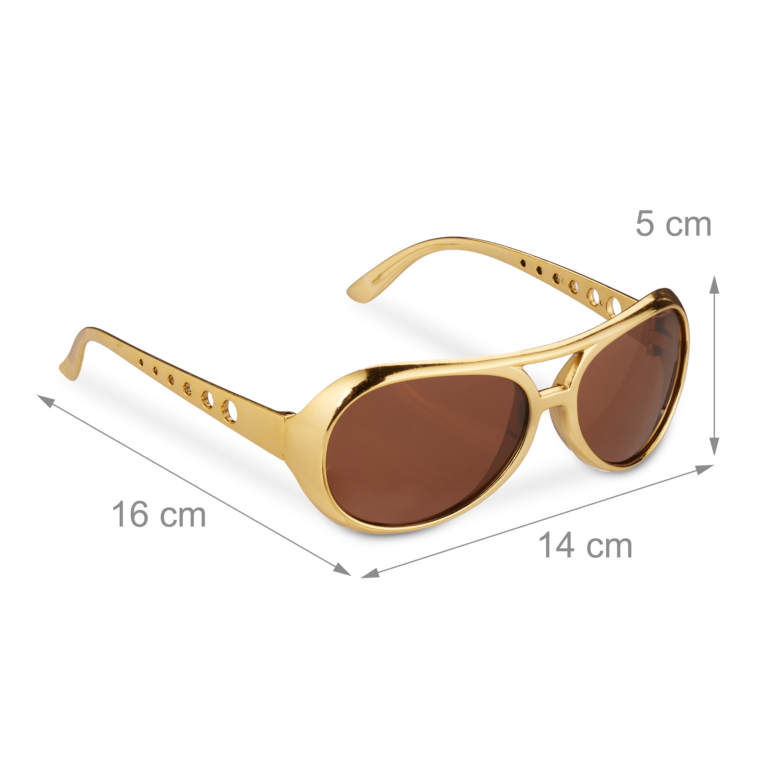 Goldene Sonnenbrille mit braunen Gläsern und Maßen in Zentimetern auf weißem Hintergrund.