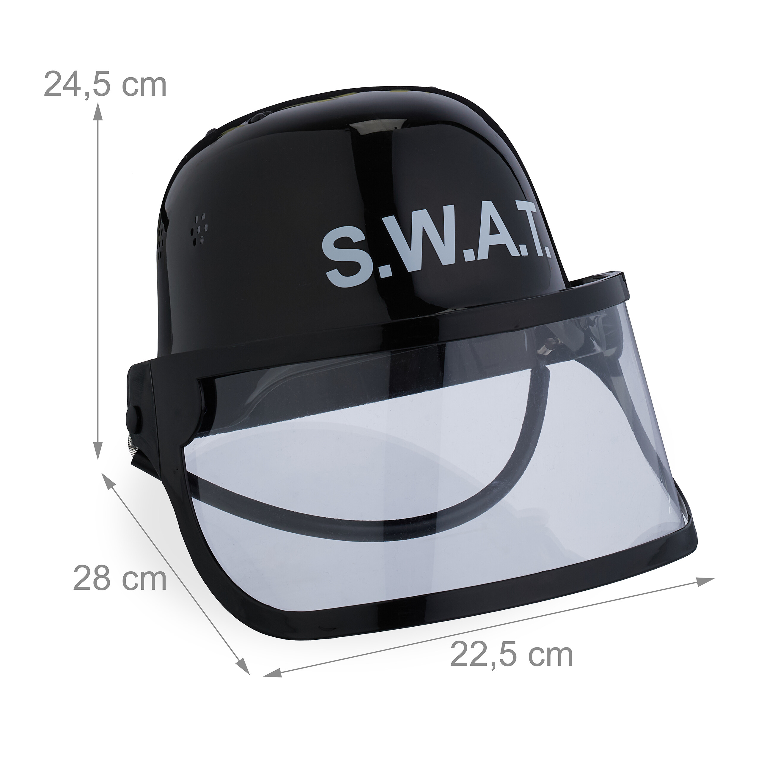 Ein schwarzer SWAT-Kostümhelm mit klarem Visier und Maßangaben in Zentimetern.