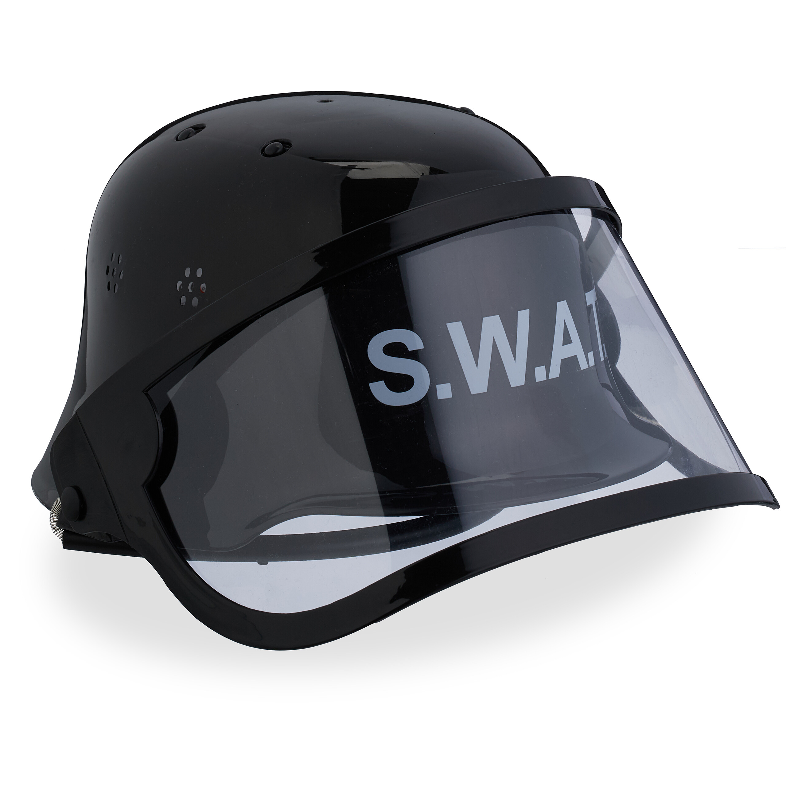 Ein glänzender schwarzer SWAT-Helm mit einem großen klaren Visier und weißer Aufschrift.