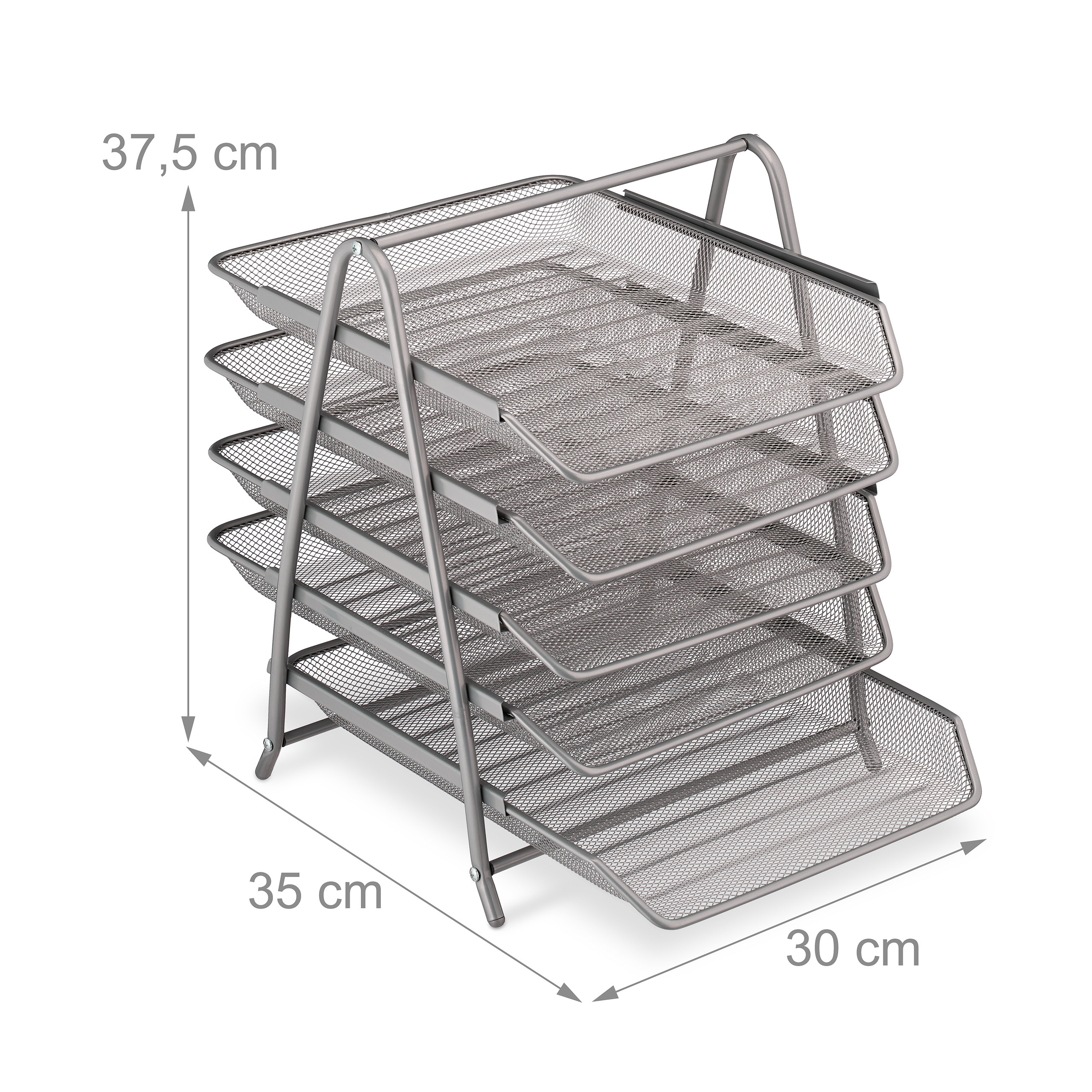 Grauer Metall-Dokumentenständer mit fünf Schubladen und Maßen von 37,5x35x30 cm.