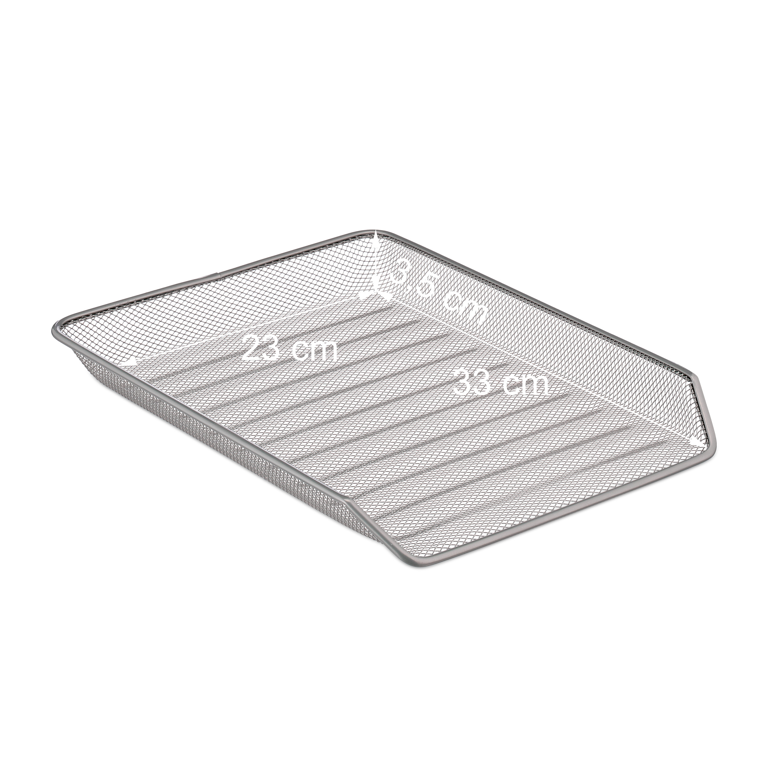 Silberne Dokumentenablage aus Metallgitter mit Maßangaben.