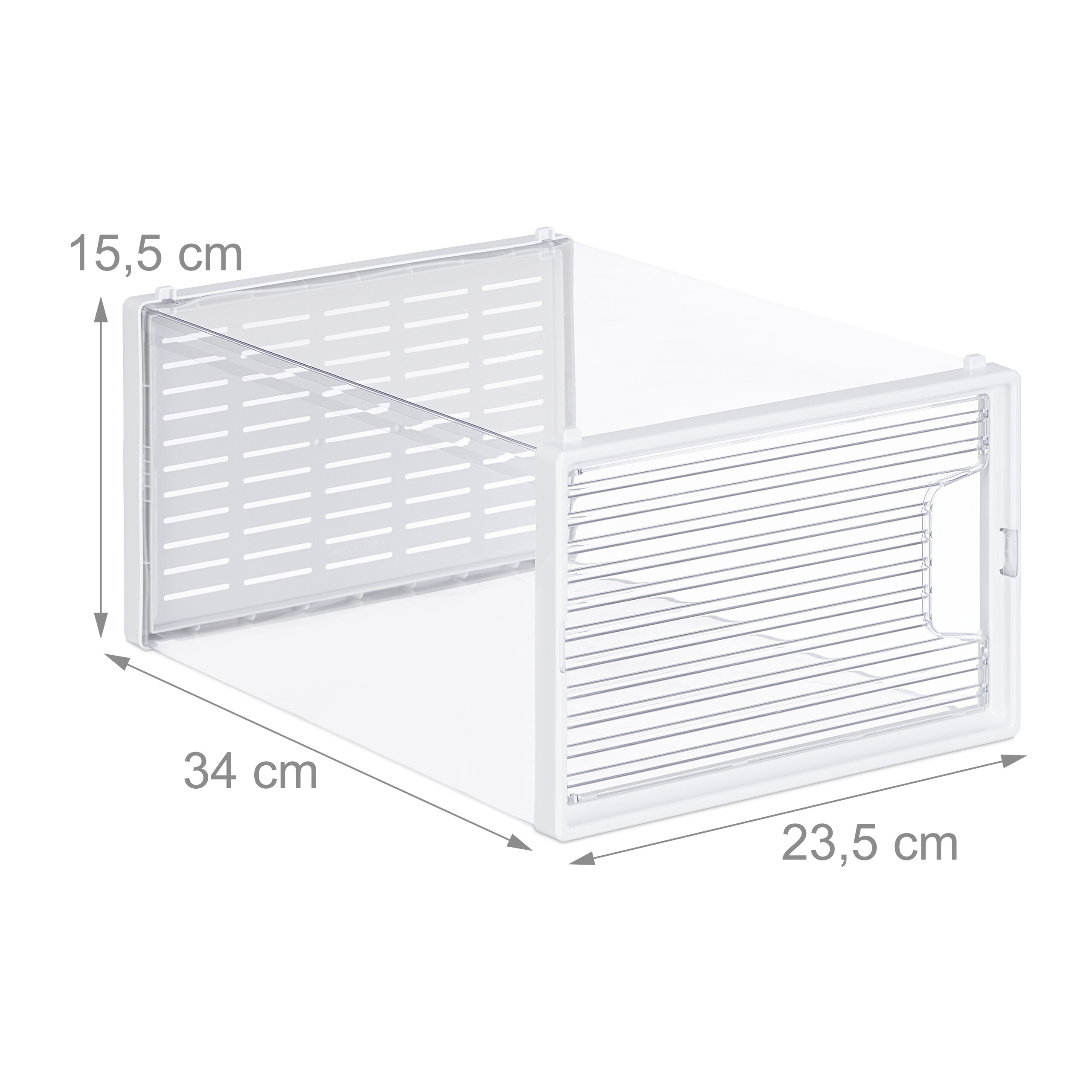 Transparente weiße Kunststoff-Schublade mit Abmessungen von 15,5 x 23,5 x 34 cm.