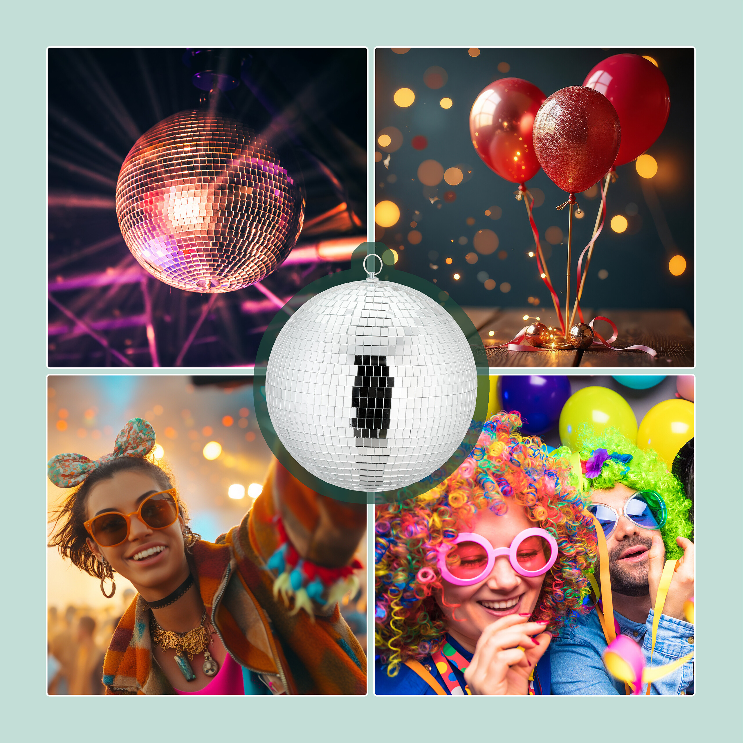 Eine Collage mit einer Diskokugel, roten Luftballons, einer lächelnden Frau und Menschen in bunten Perücken.