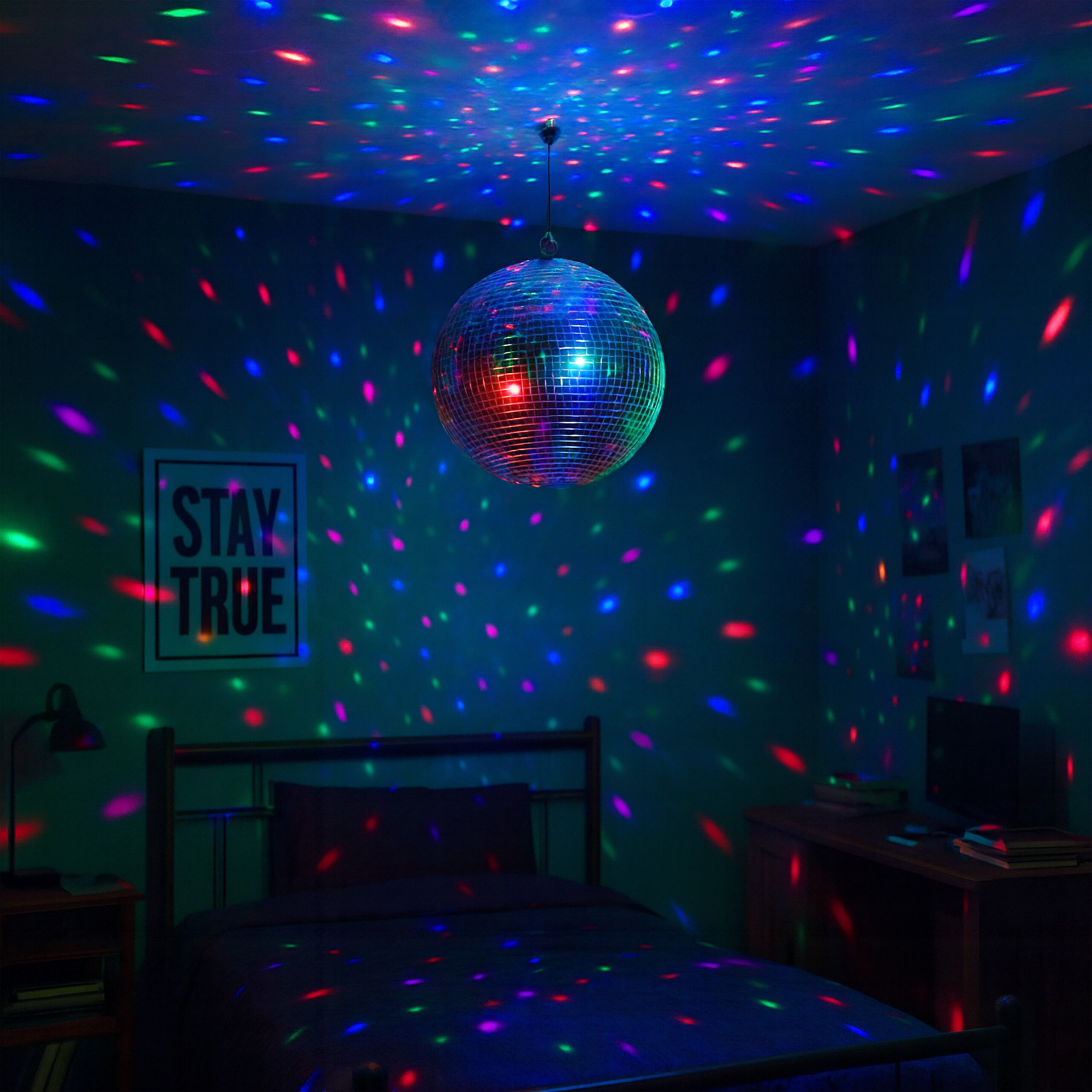 Eine Diskokugel hängt im Schlafzimmer und wirft rote, blaue und grüne Lichtpunkte an die Wände und die Decke.