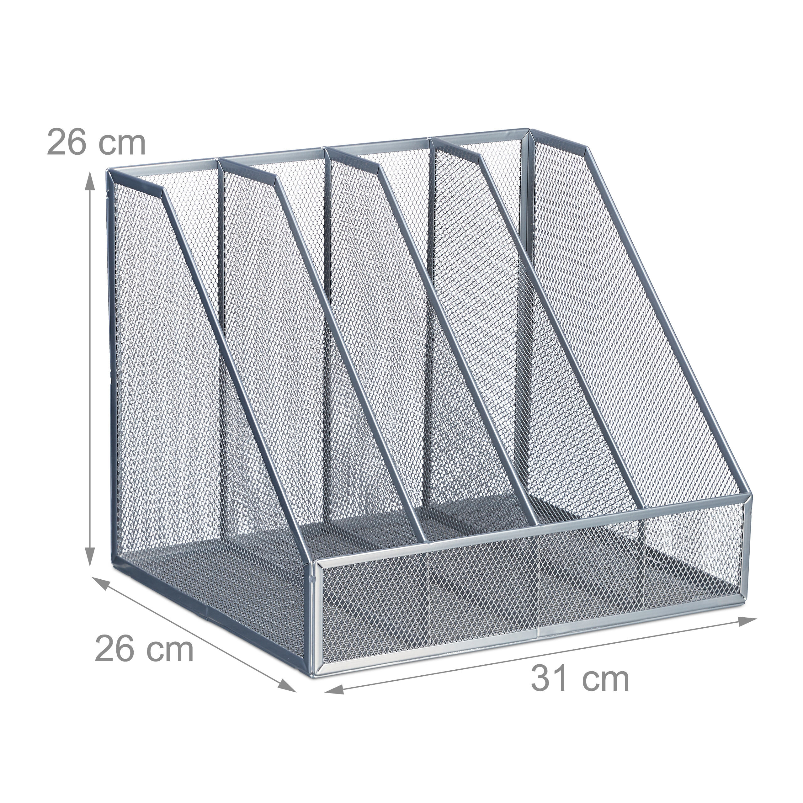Grauer Schreibtisch-Briefsammler aus Metallnetz mit Maßangaben.