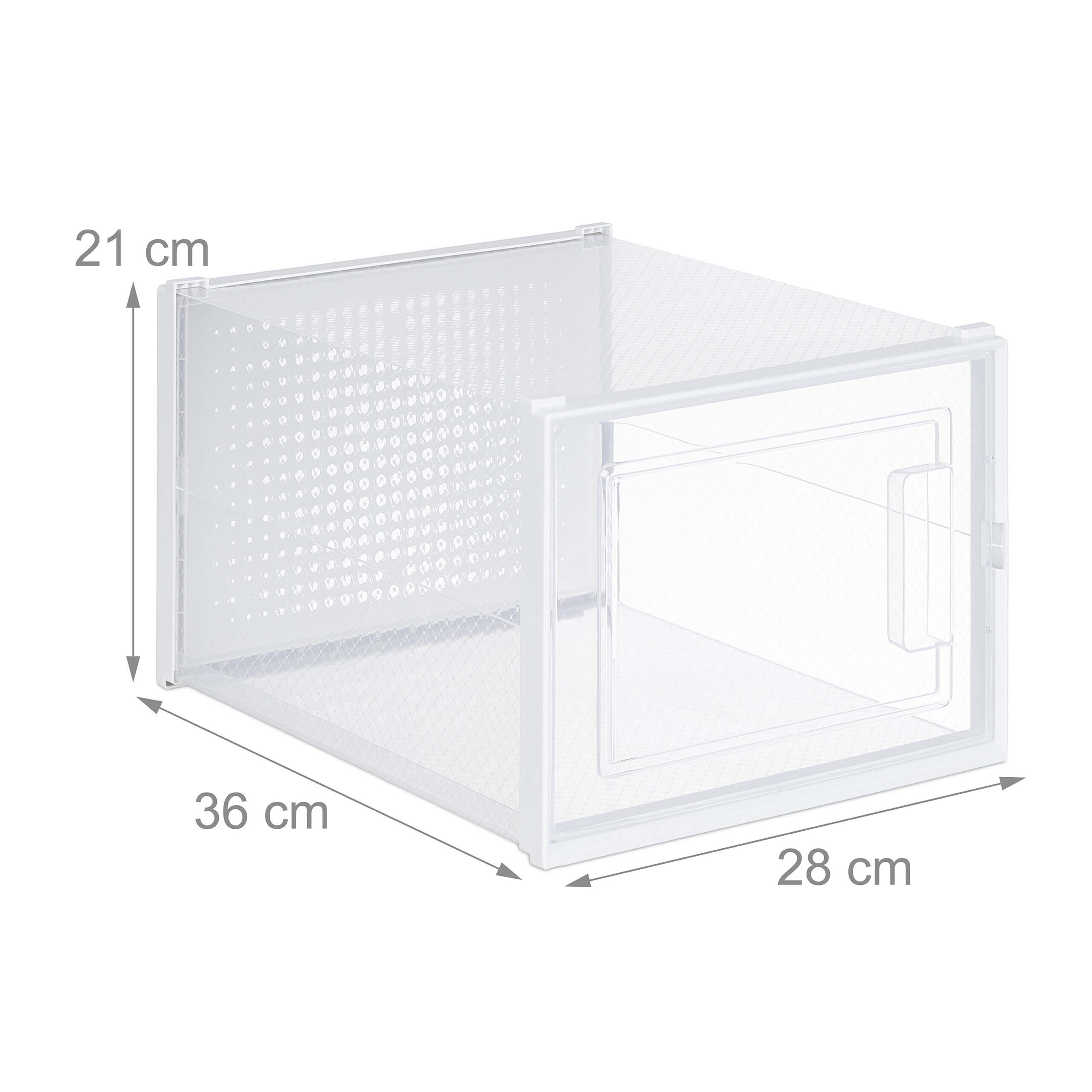 Transparente weiße Schuhbox mit Maßen von 21x28x36 cm auf weißem Hintergrund.