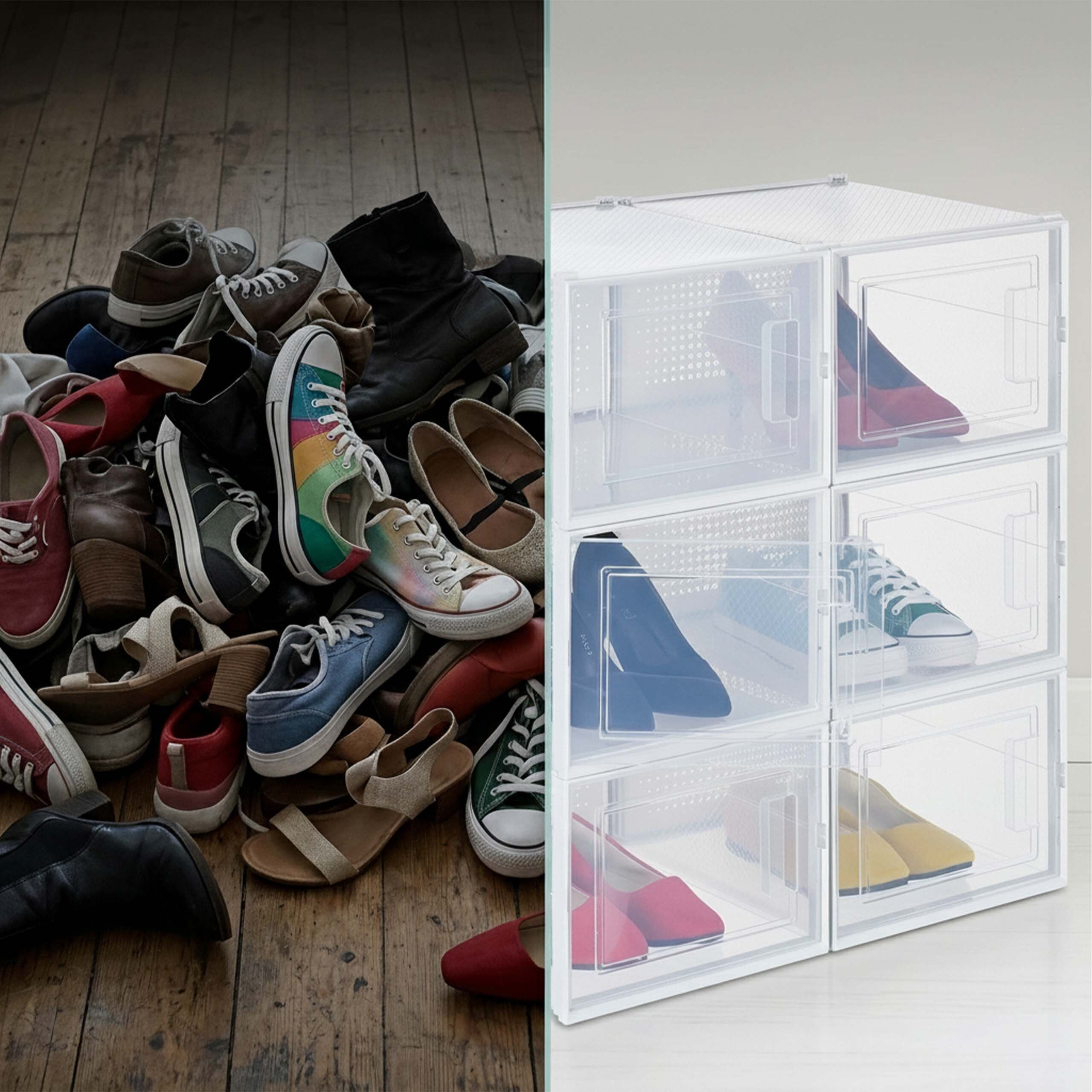 Vergleich eines chaotischen Haufens Schuhe auf Holzboden und denselben Schuhen ordentlich in klaren Plastikboxen verstaut.