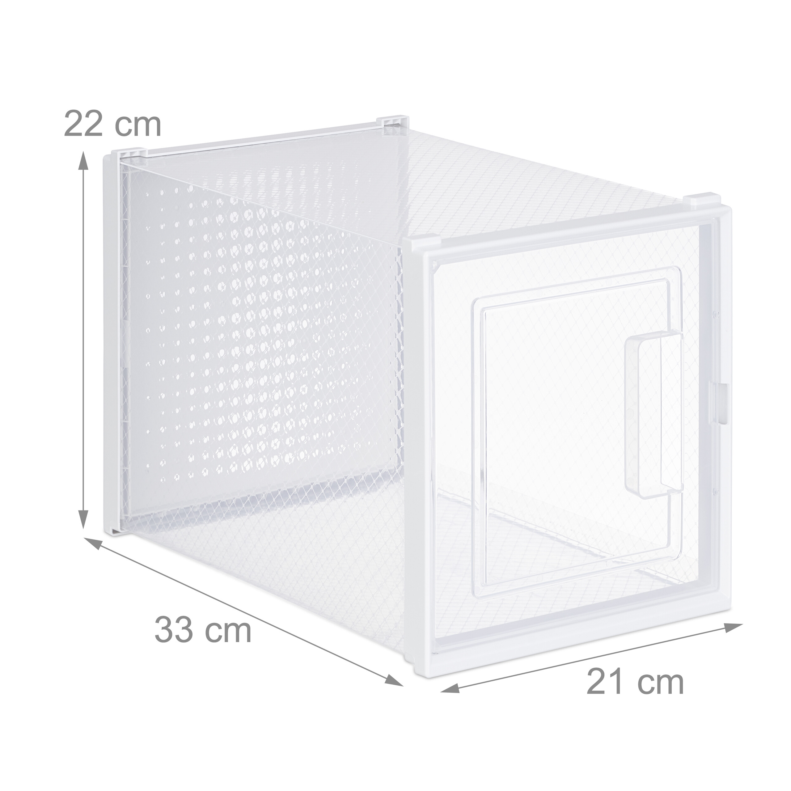 Transparente weiße Schuhbox mit den Maßen 22x33x21 cm und Fronttür.