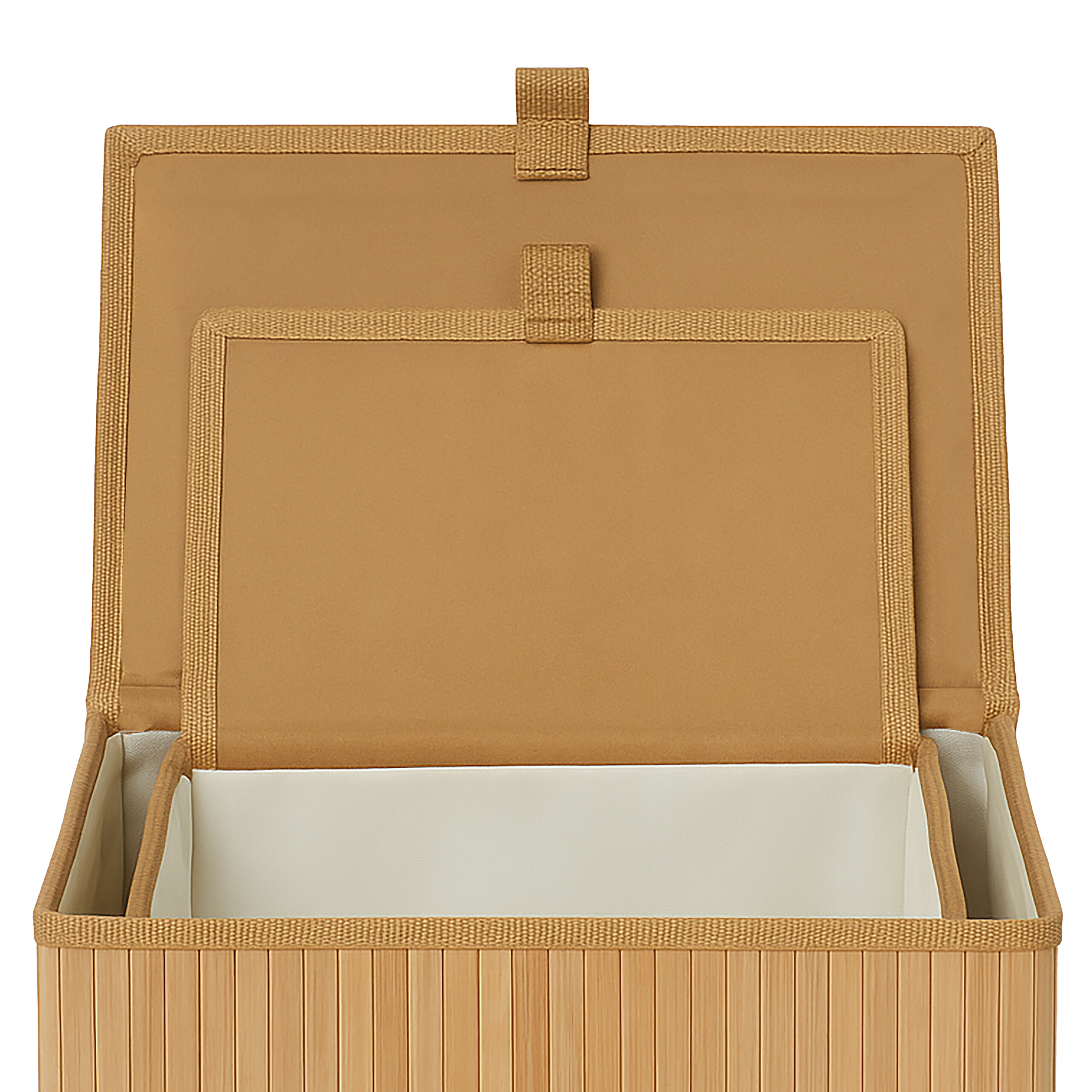 Eine offene, hellbraune Bambus-Aufbewahrungsbox mit zwei getrennten Innenfächern und integrierten Deckeln.