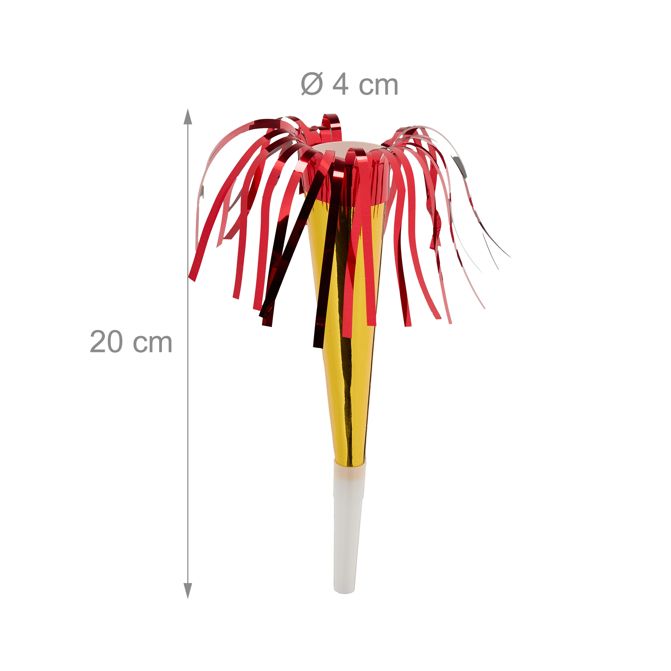 Goldene und rote Partytröte mit Fransen, 20 cm lang und 4 cm Durchmesser, auf weißem Hintergrund.