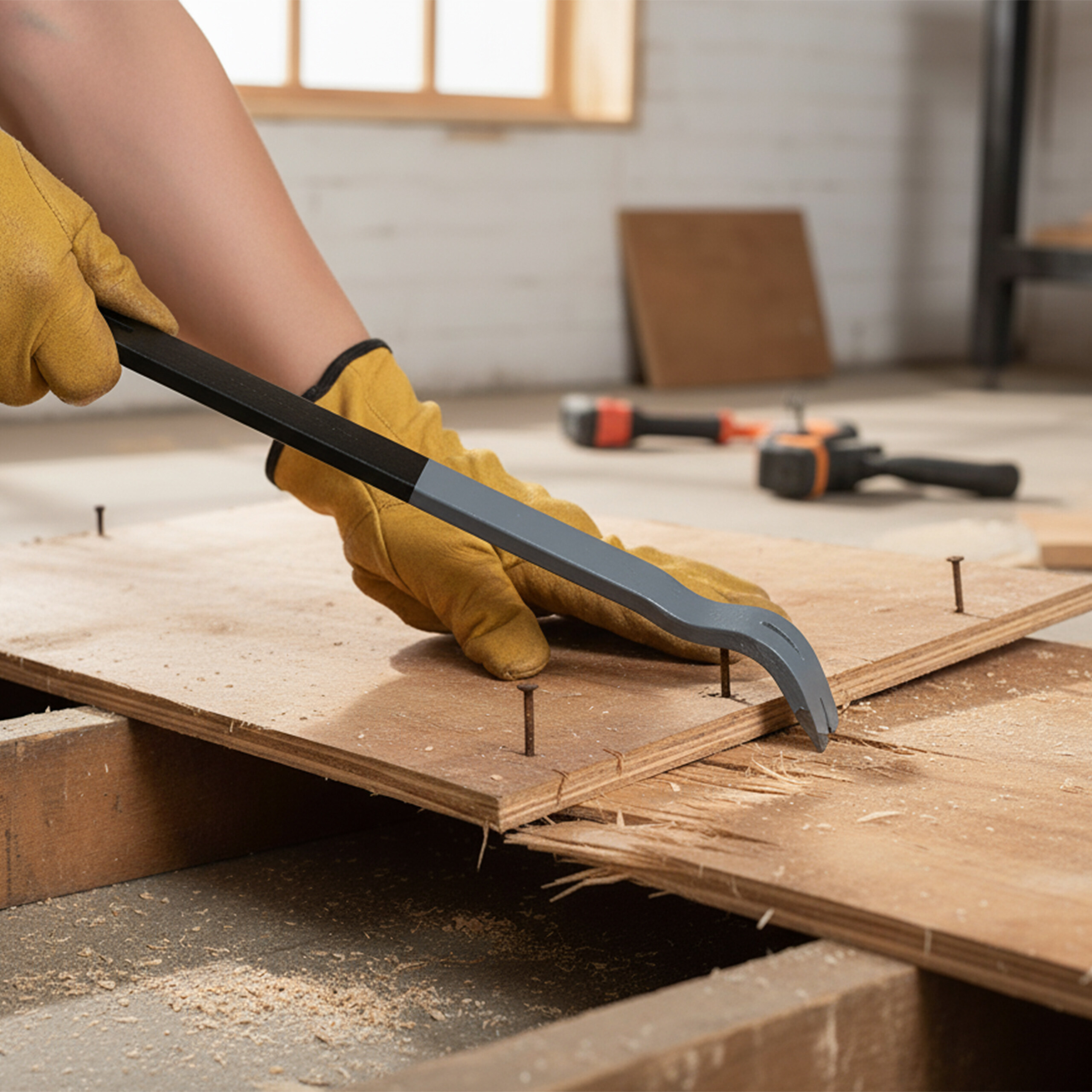 Person mit gelben Handschuhen zieht mit einem Brecheisen Nägel aus einer Holzplatte.