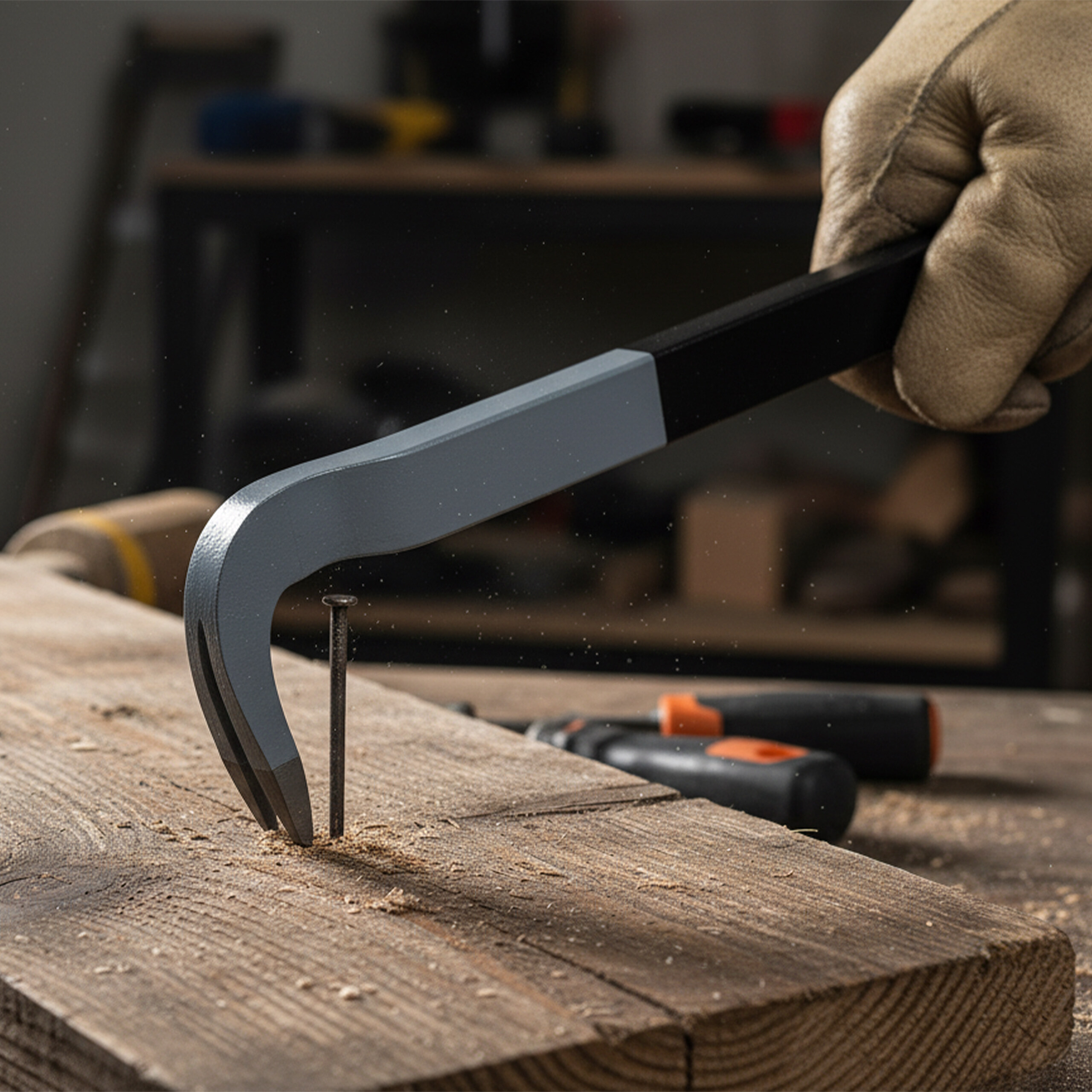 Eine behandschuhte Hand benutzt ein Brecheisen, um einen Nagel aus einem Holzbrett zu ziehen, in einer Werkstatt.