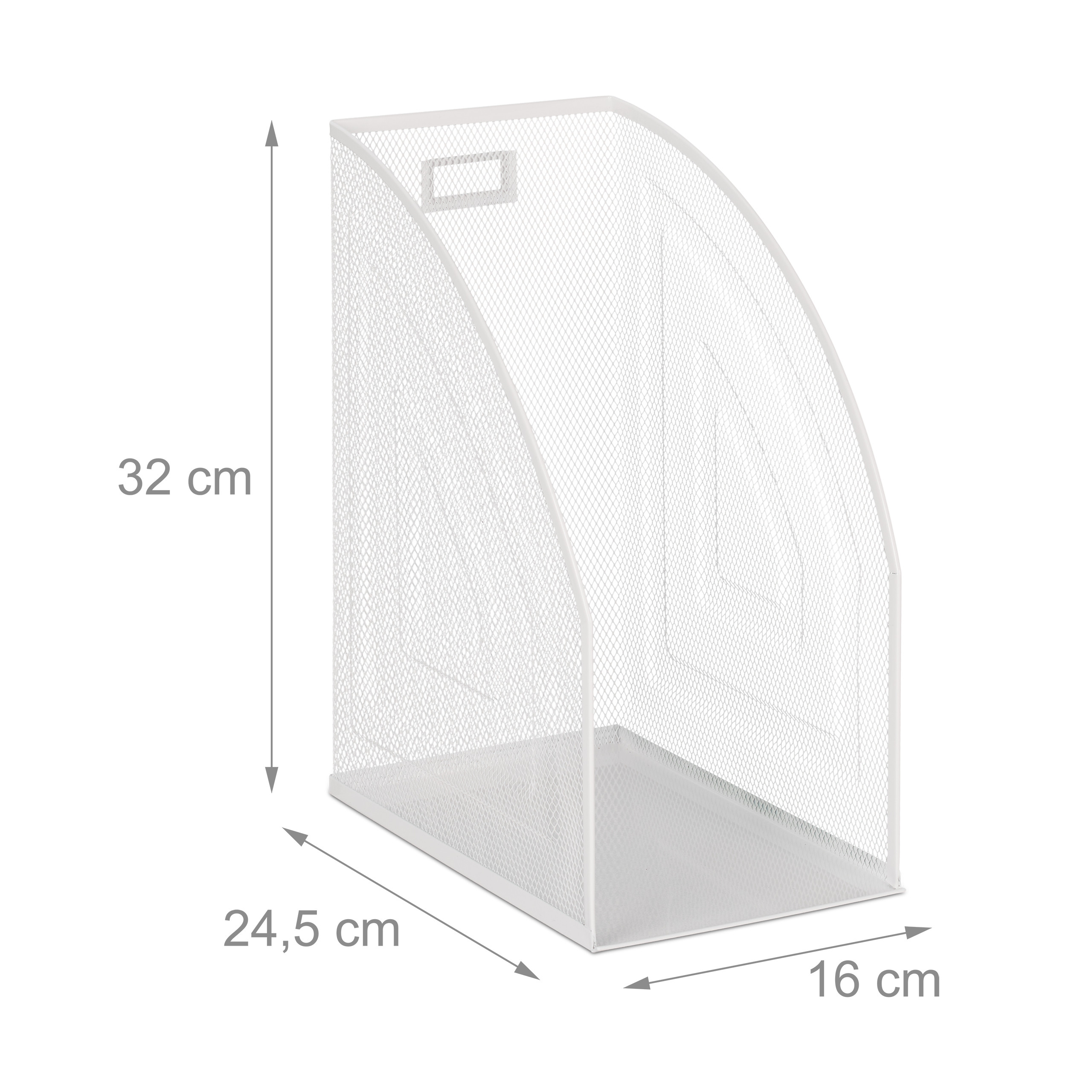 Weißer Metall-Dokumentenhalter mit Maßen von 32x24,5x16 cm vor weißem Hintergrund.