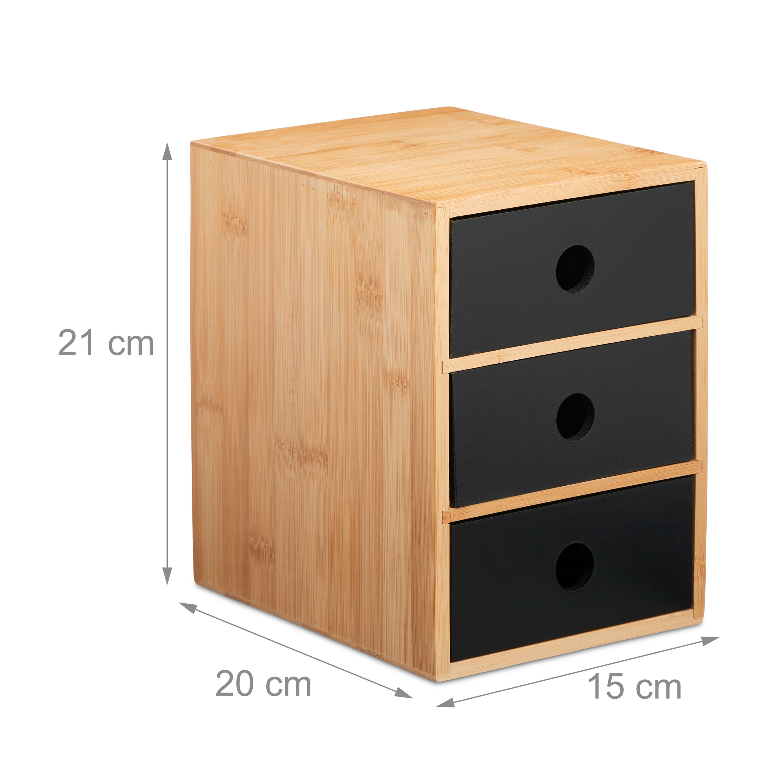 Kleiner Bambus-Schreibtisch-Organizer mit drei schwarzen Schubladen, Maße 21x20x15 cm.