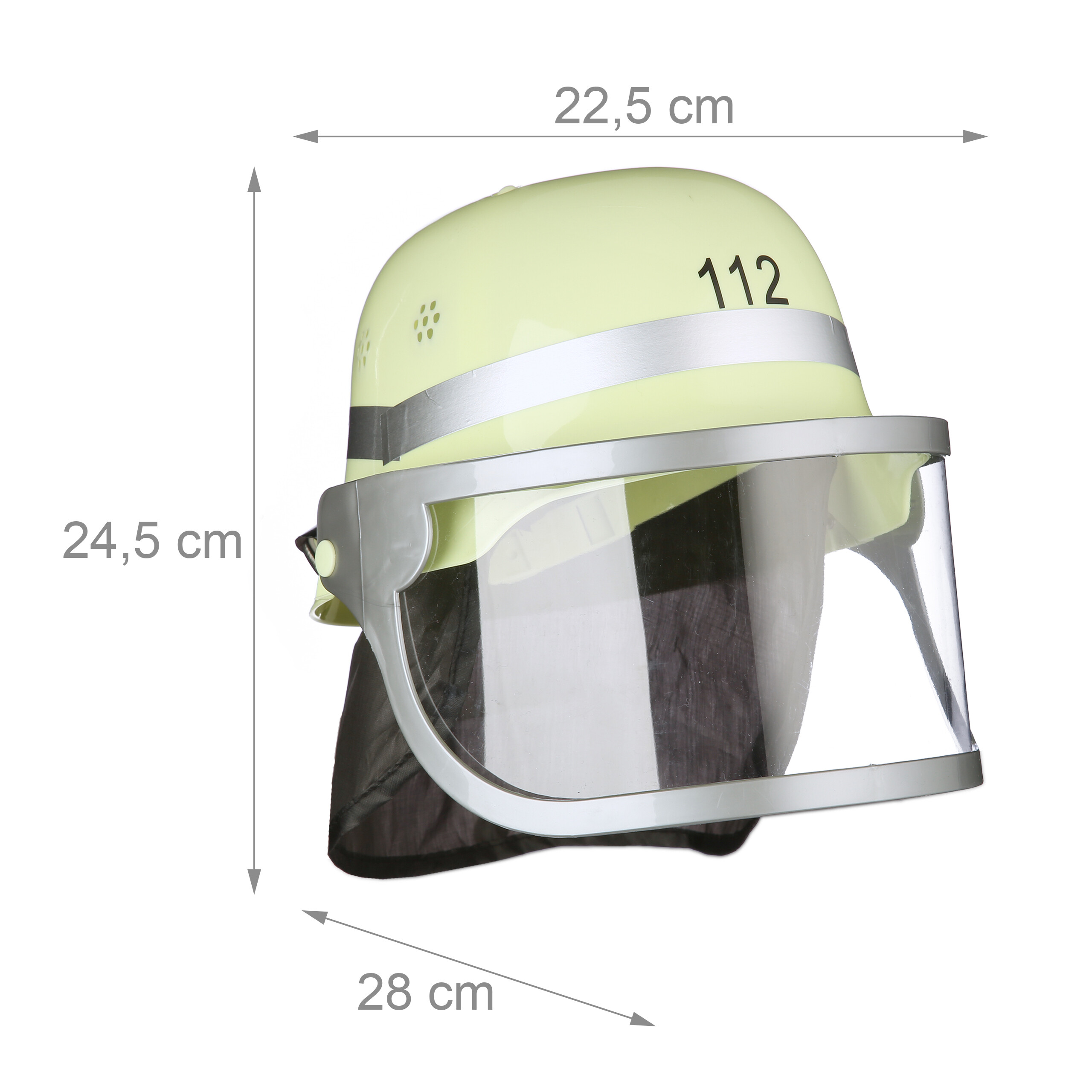 Gelber Feuerwehrhelm mit Nummer 112, Visier und Maßangaben.