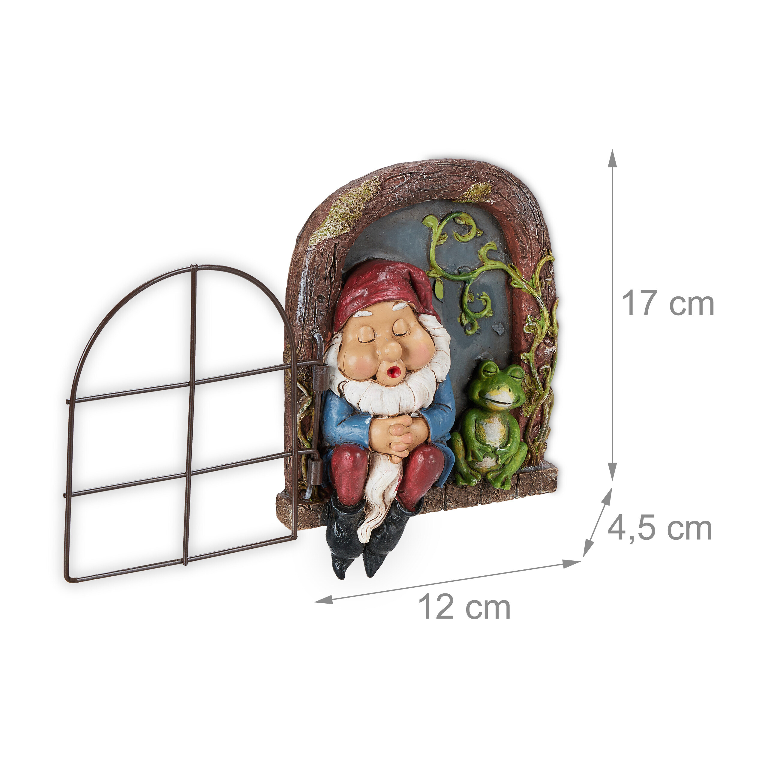 Gartenzwerg- und Froschfigur in einem Fensterrahmen mit Maßen 17x12x4,5 cm.