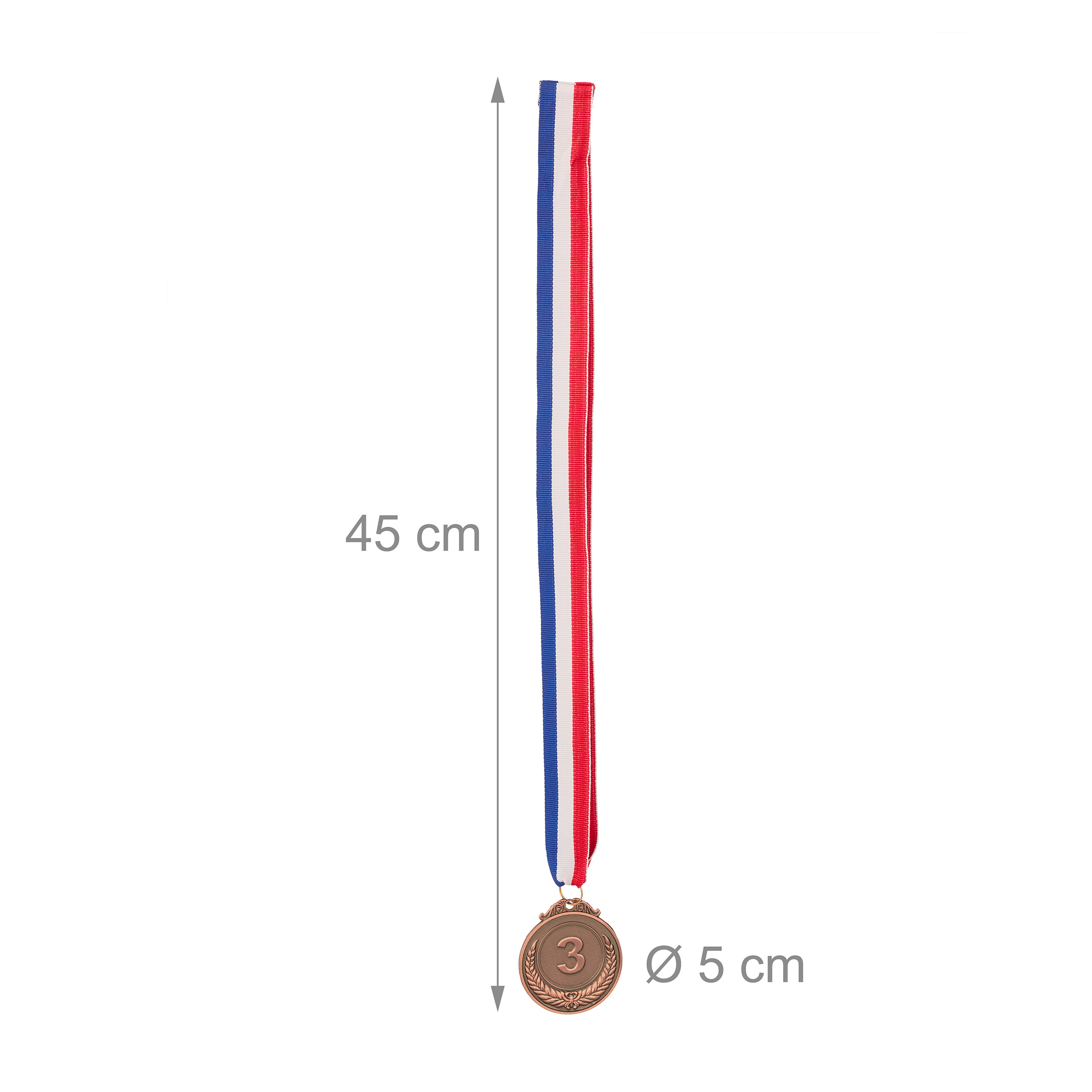 Bronzemedaille mit der Nummer 3 und blau-weiß-rotem Band, Höhe 45 cm, Durchmesser 5 cm.