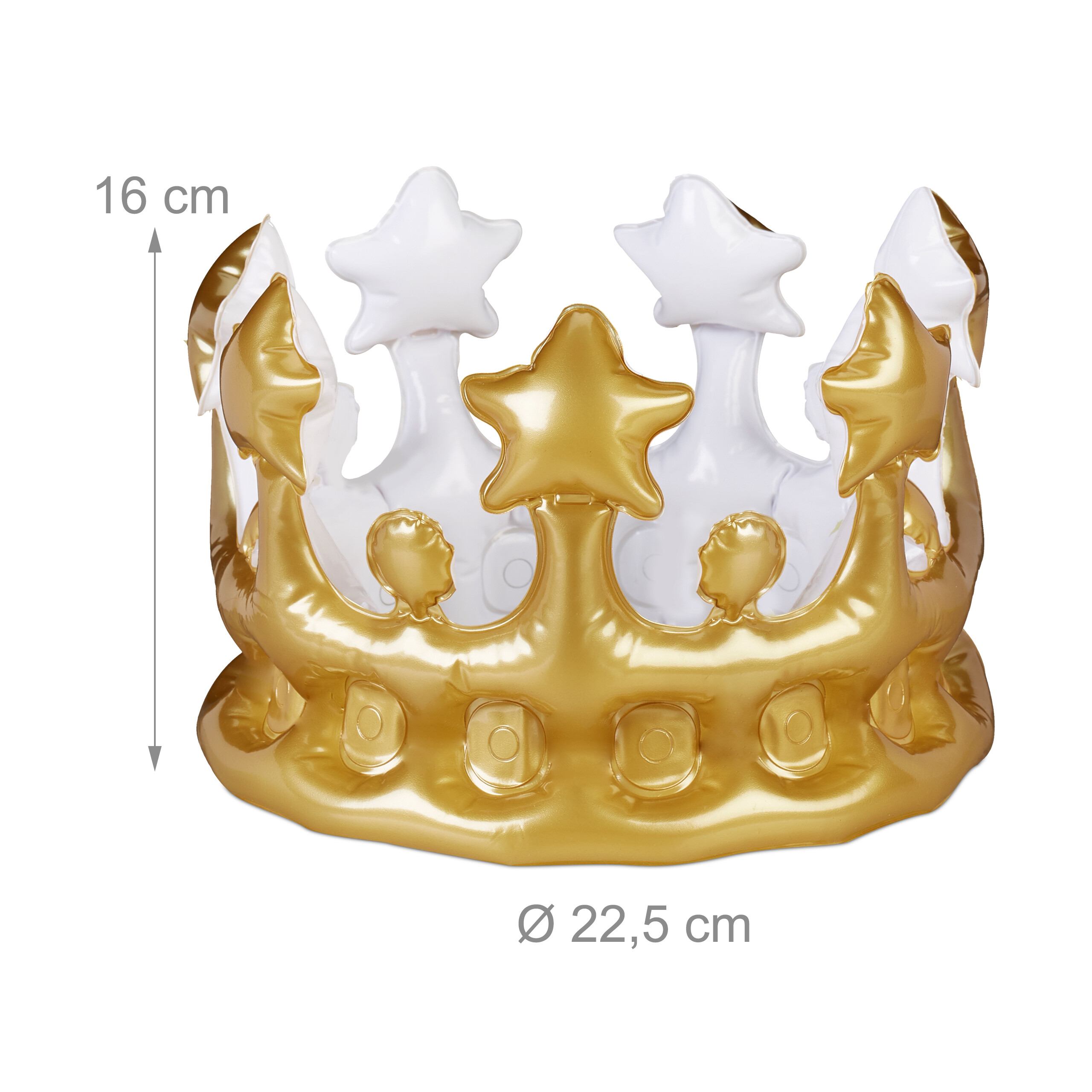 Aufblasbare goldene Krone mit weißen Akzenten, Höhe 16 cm und Durchmesser 22,5 cm.
