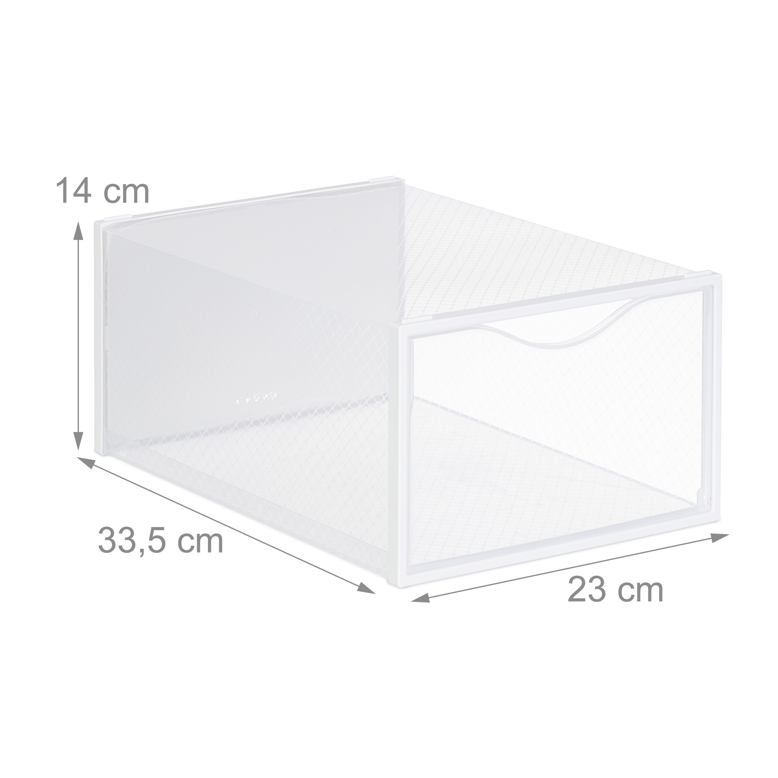 Transparente Schuhbox mit Maßen von 14 cm Höhe, 33,5 cm Länge und 23 cm Breite.