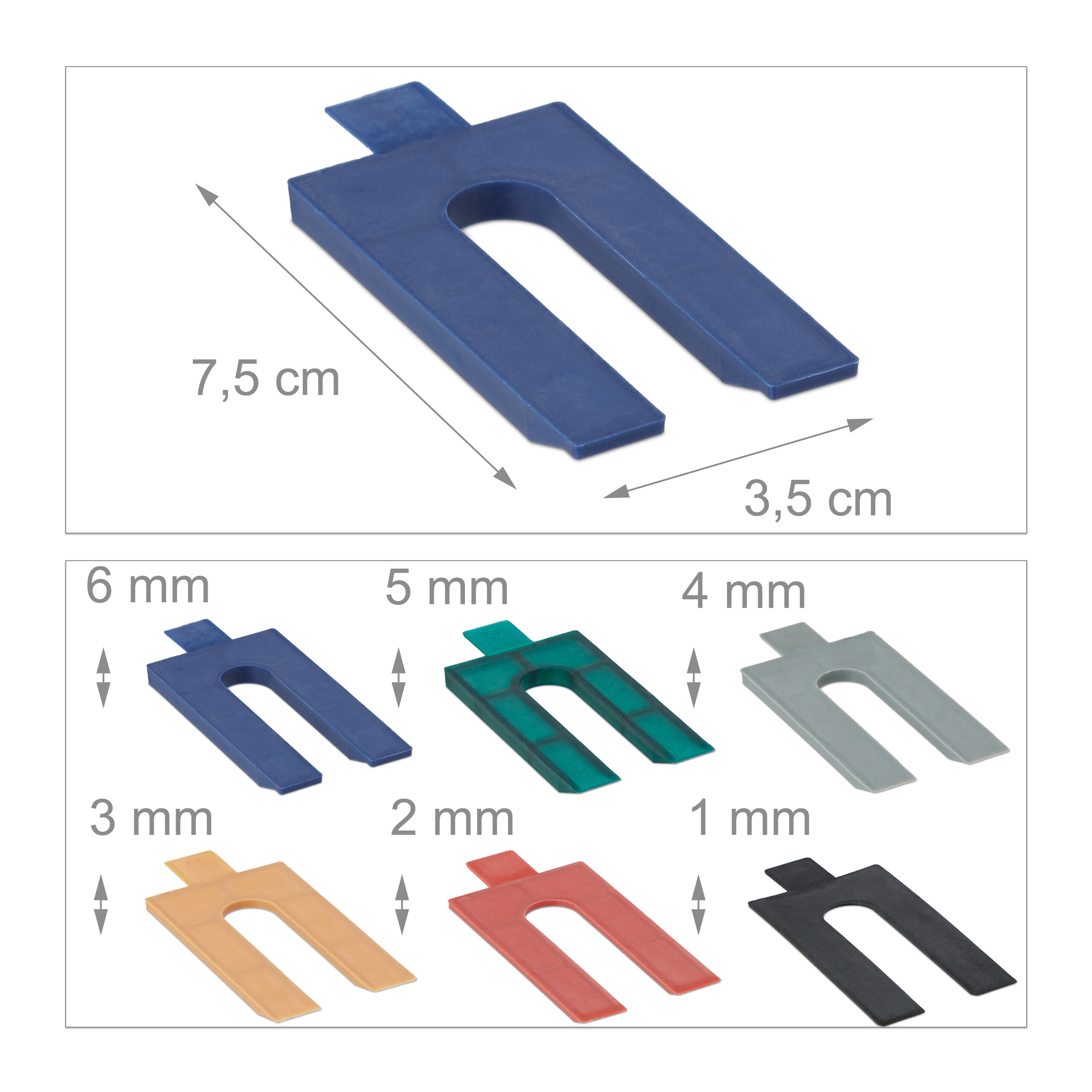 Blaue U-förmige Fliesenunterlage mit Maßen 7,5x3,5 cm und farbige Varianten von 1 bis 6 mm.