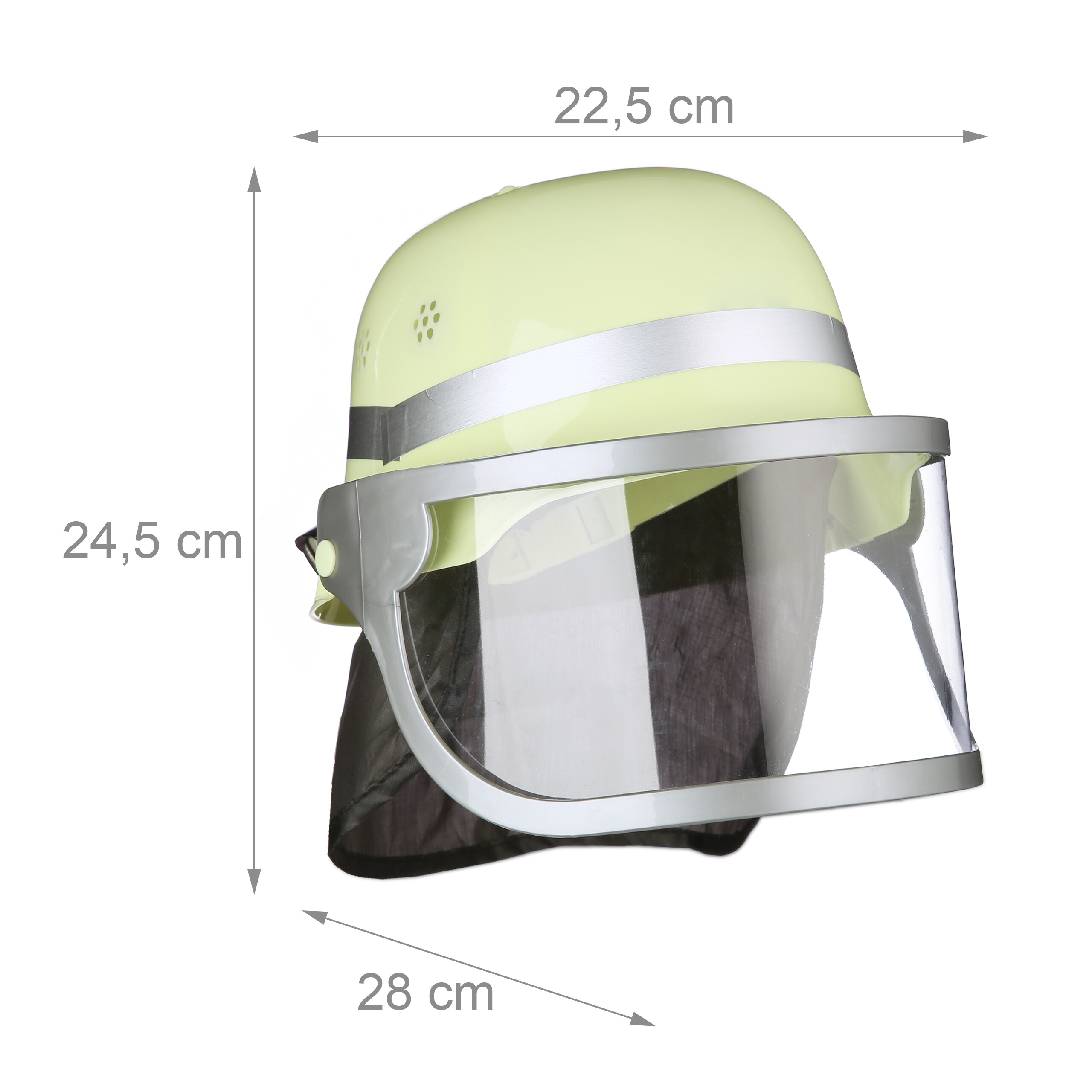 Gelber Feuerwehrhelm mit klarem Visier und Maßangaben in cm auf weißem Grund.
