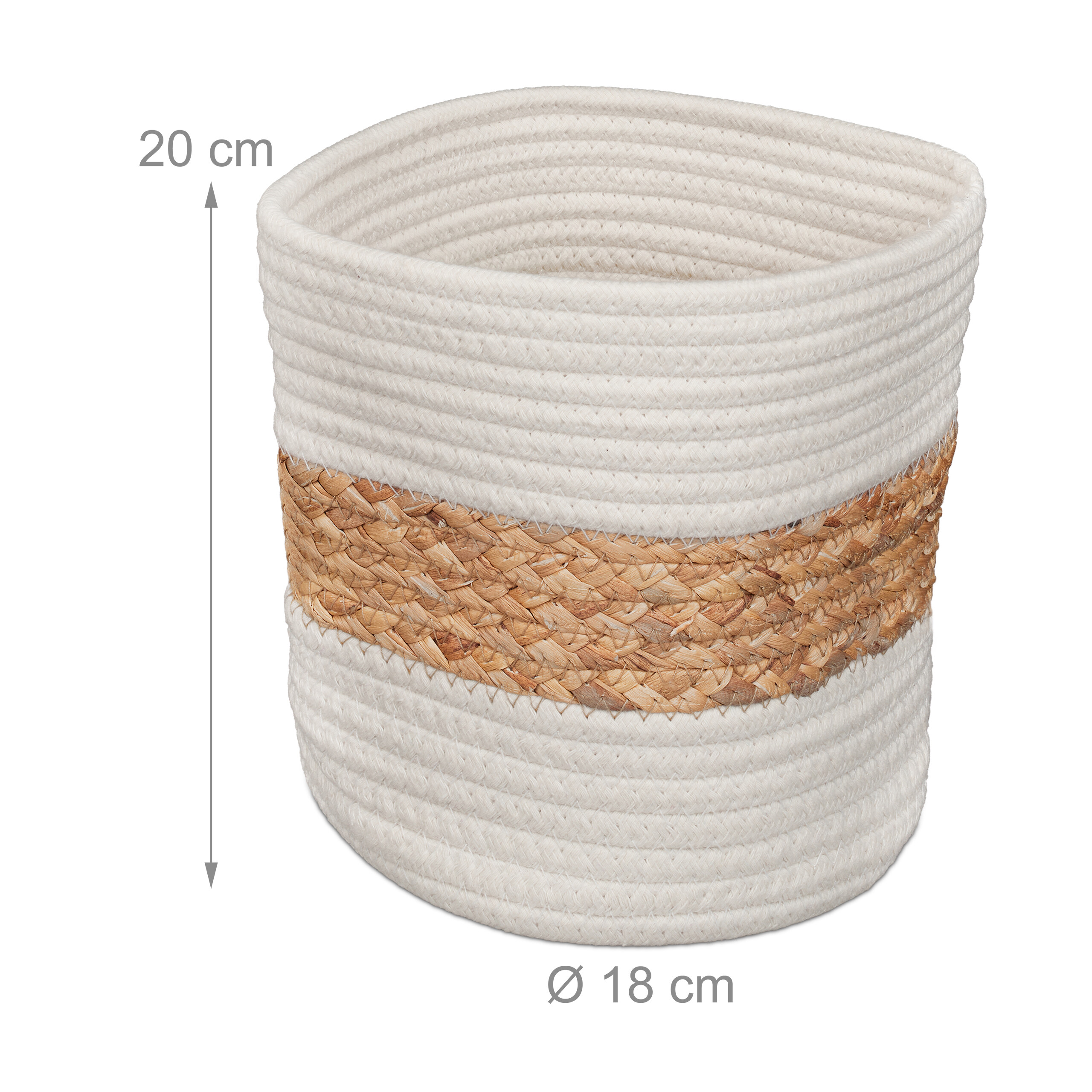 Ein weißer Seilkorb mit einem breiten braunen Juteband, 20 cm hoch und 18 cm im Durchmesser.