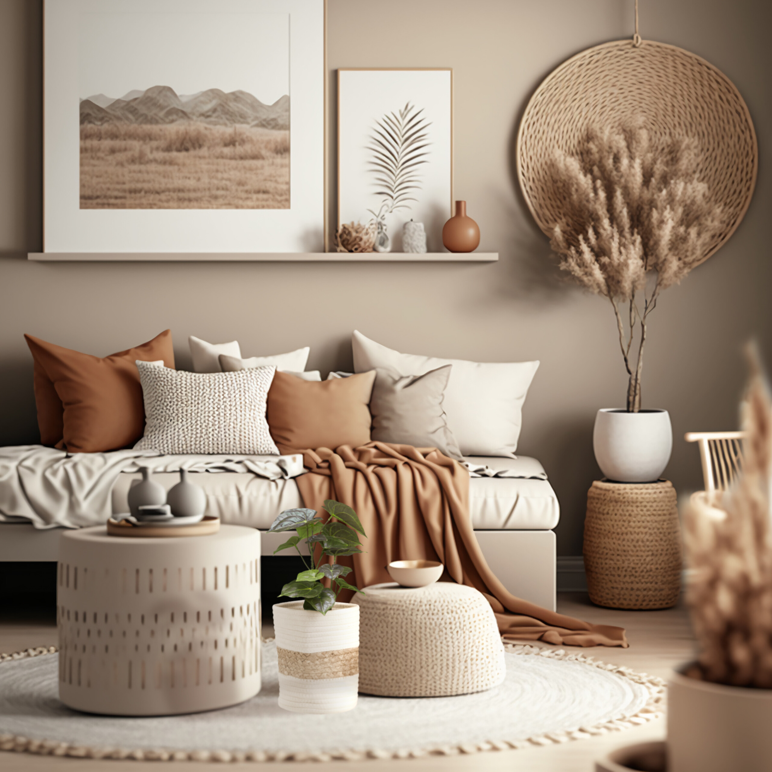 Gemütliches Wohnzimmer in Erdtönen mit Sofa, Kissen, Teppich, Pflanzen und Wandkunst.