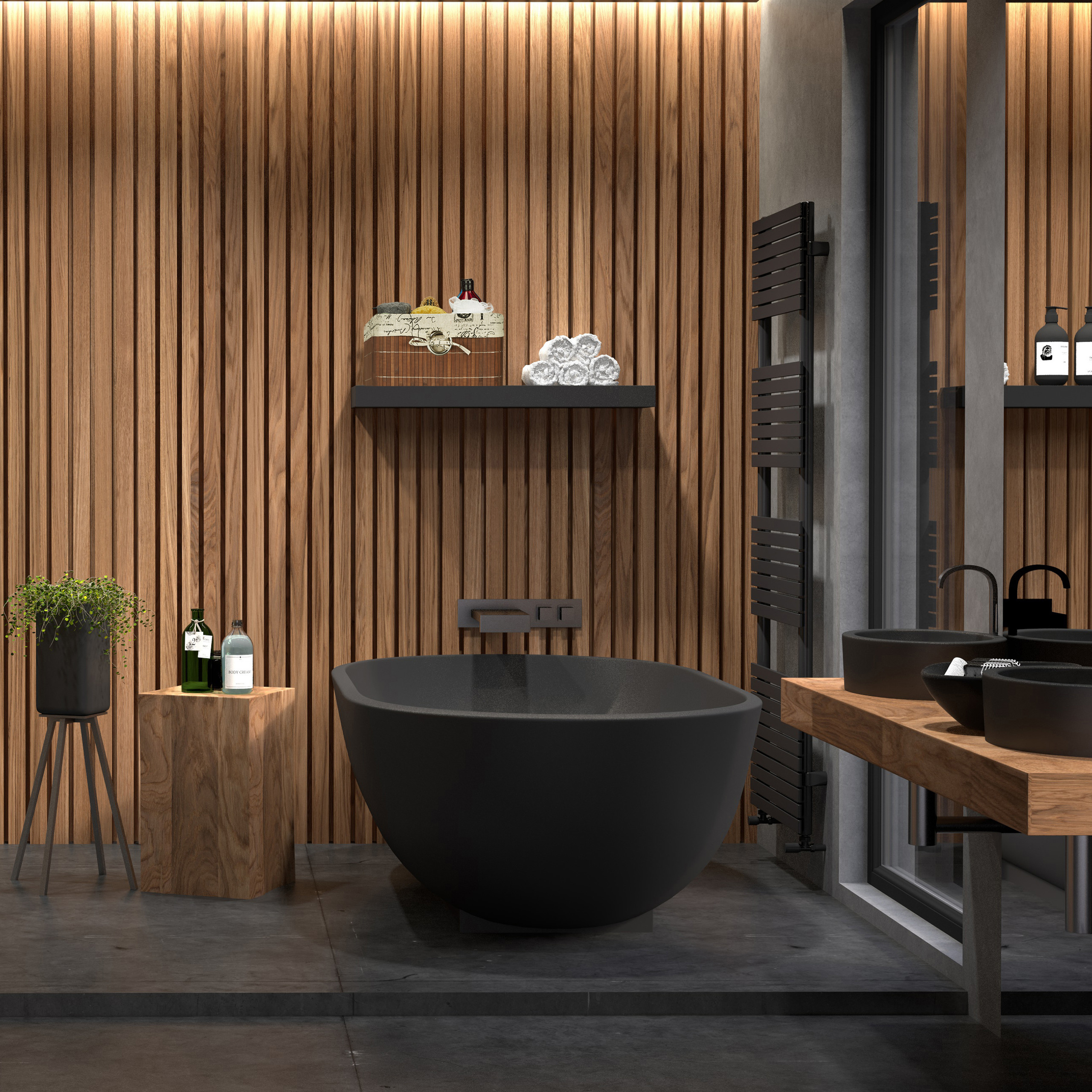 Modernes Badezimmer mit schwarzer Badewanne, Holzwandverkleidung, schwarzen Waschbecken und Pflanzen.