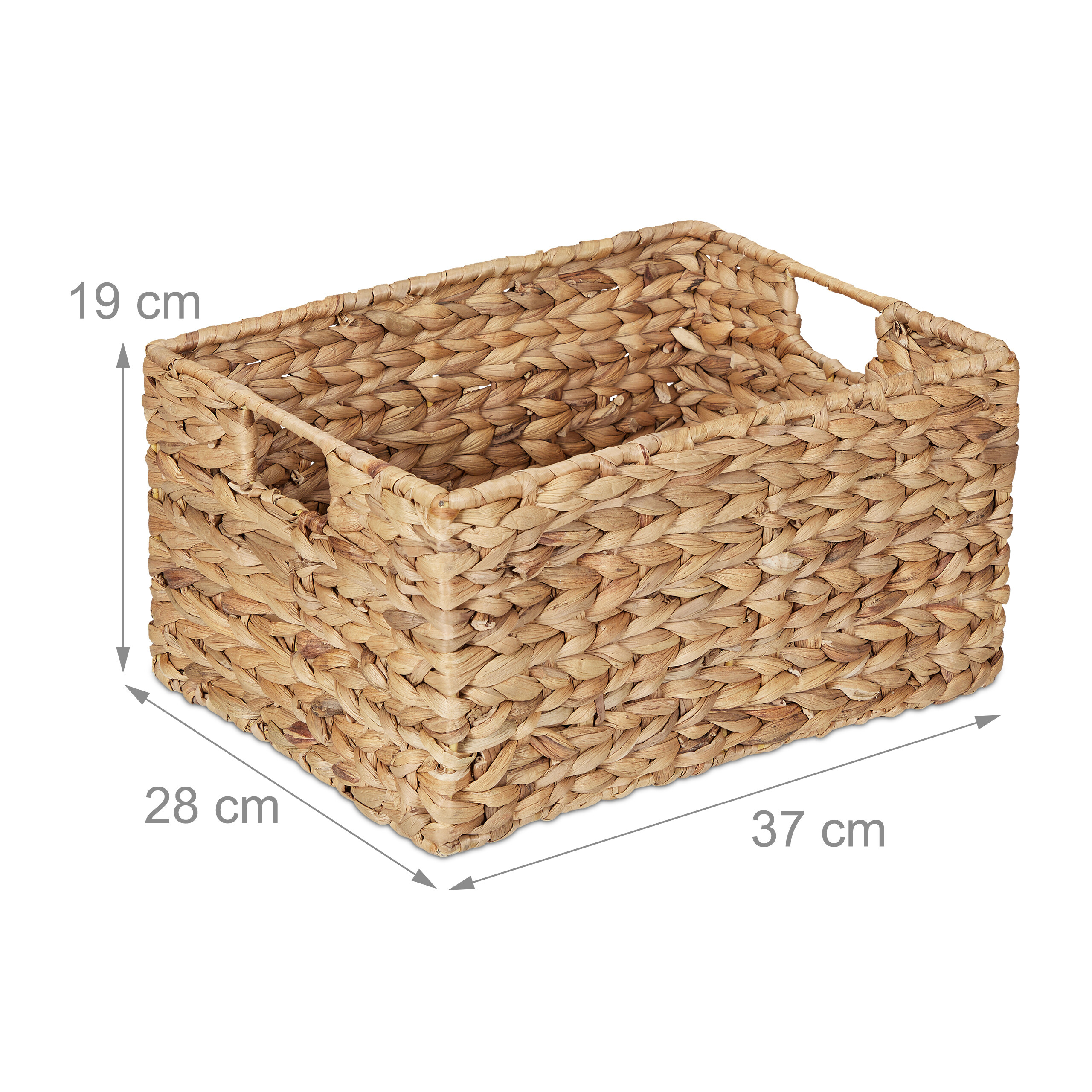 Ein rechteckiger geflochtener Korb mit Griffen und Maßangaben von 37x28x19 cm auf weißem Hintergrund.
