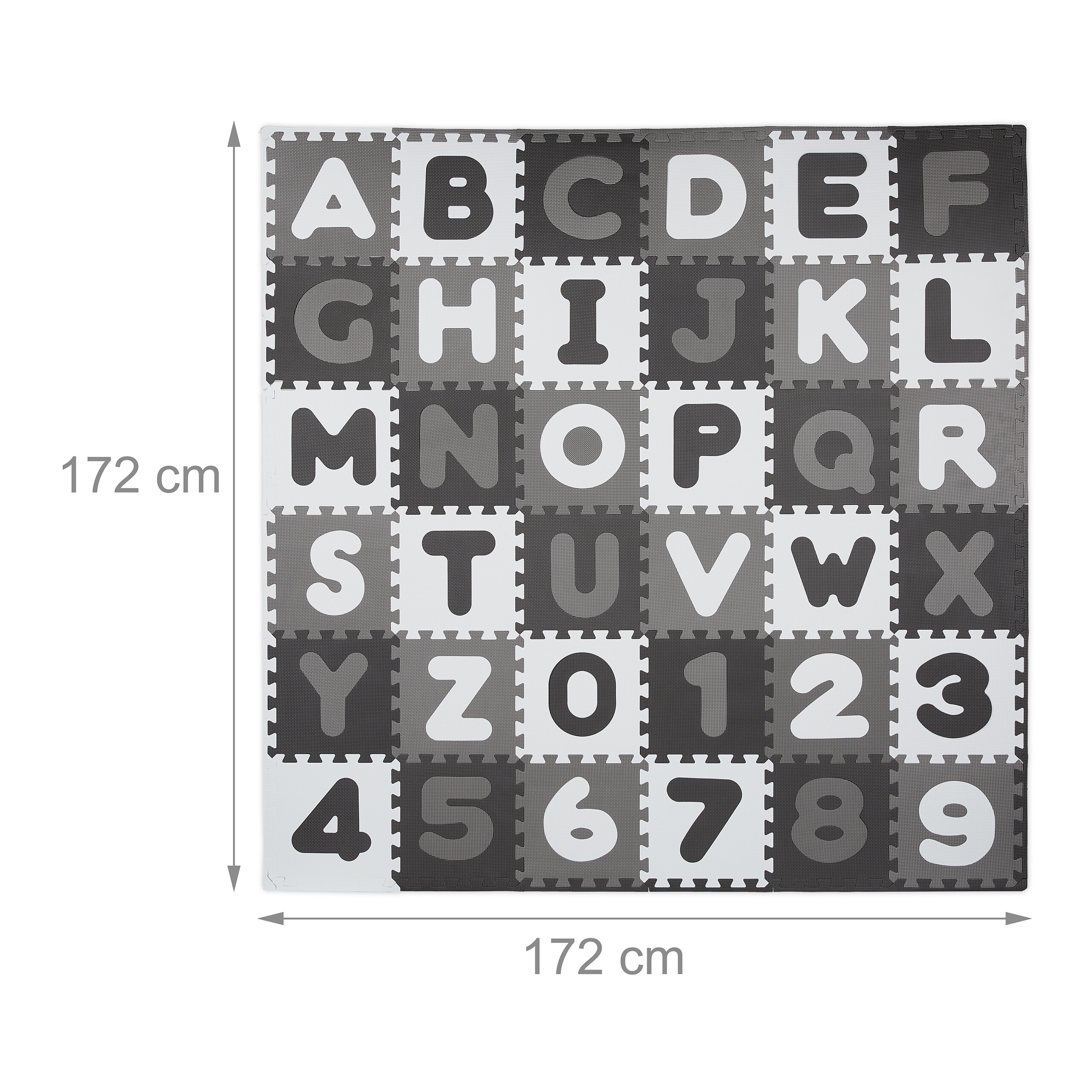 Quadratische Schaumstoffmatte, 172x172 cm, mit grauen und weißen Buchstaben und Zahlen.