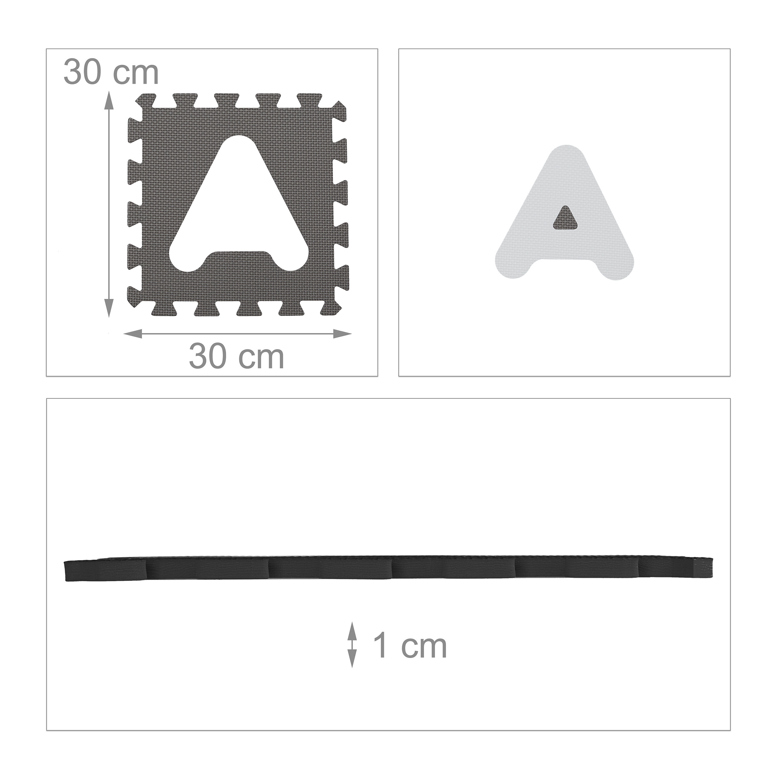 Diagramm einer grauen Schaumstoff-Spielmatte, 30x30 cm groß und 1 cm dick, mit herausnehmbarem Buchstaben A.