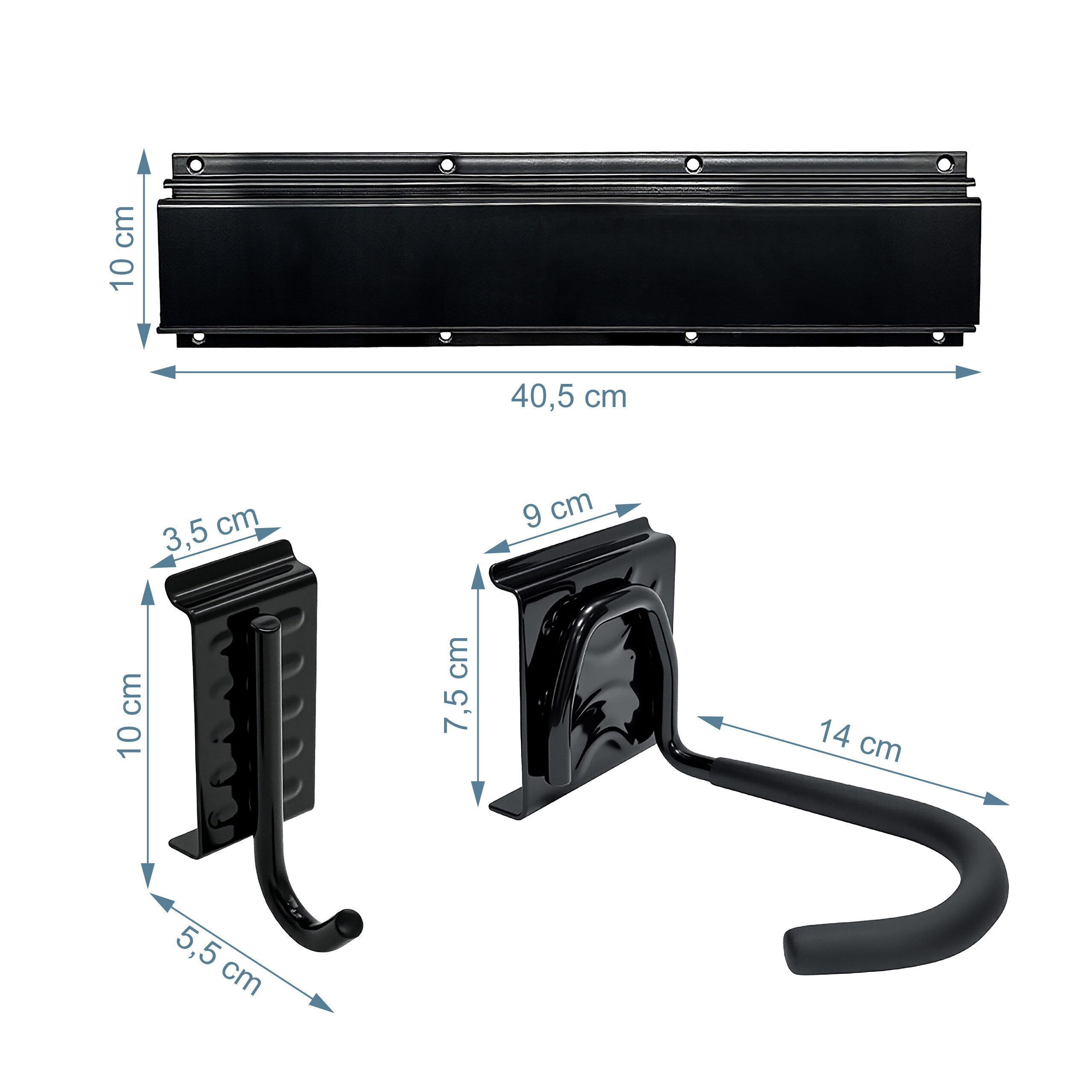 Schwarze Metall-Wandschiene mit zwei Haken, inklusive Produktabmessungen.