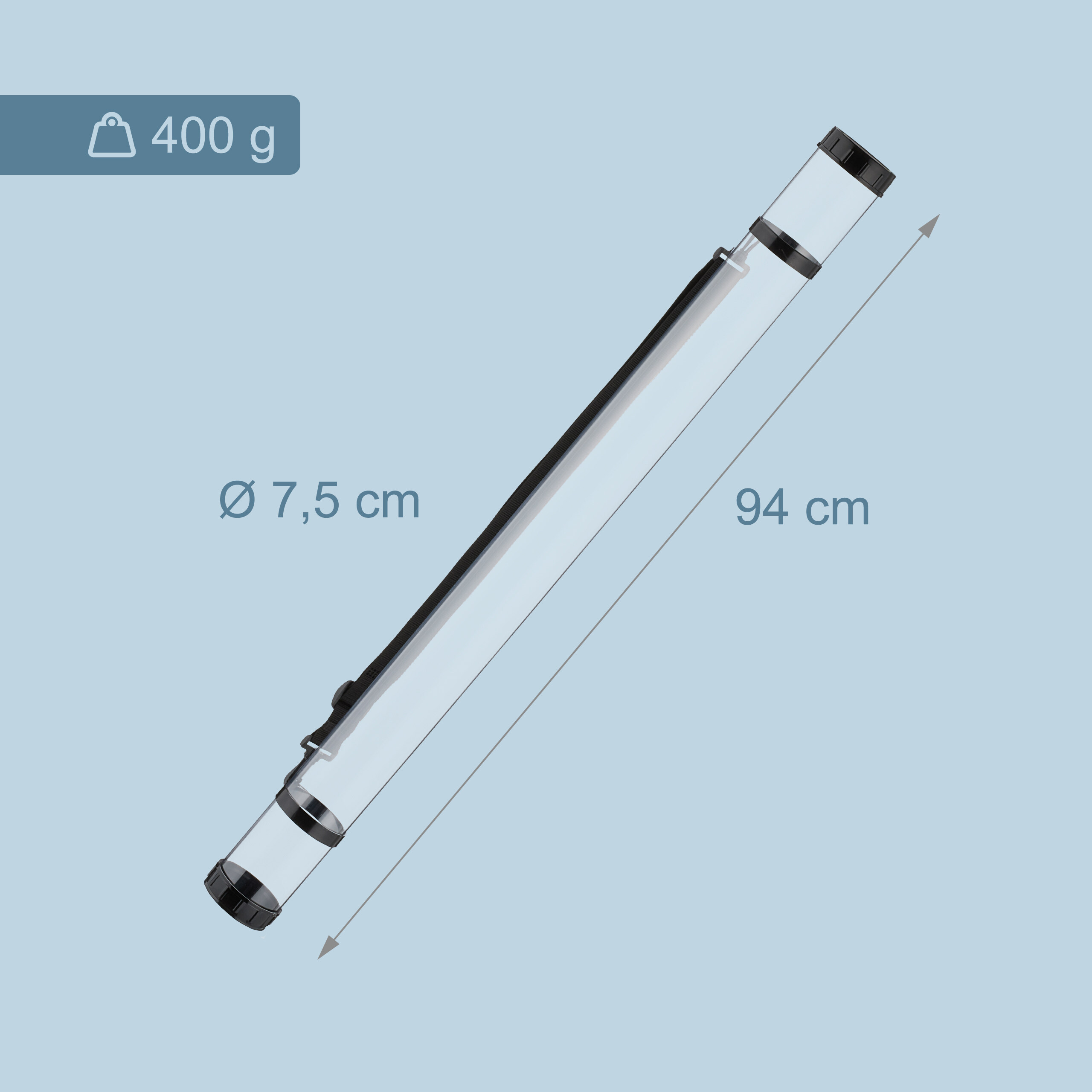 Transparente Transportrolle mit schwarzen Kappen, 94 cm lang, 7,5 cm Durchmesser, 400 g schwer.