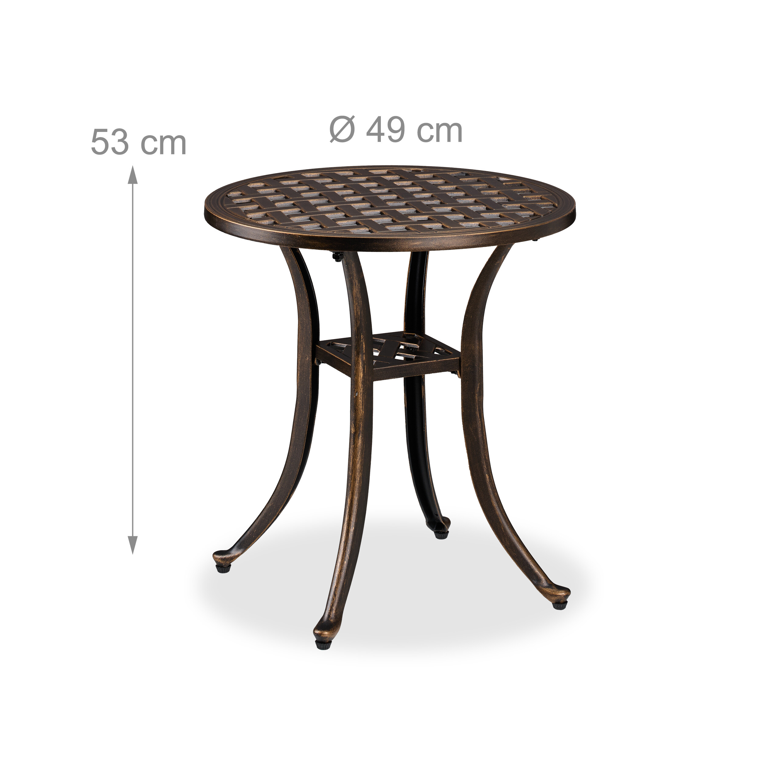 Runder, bronzefarbener Gartentisch aus Metall mit gewebtem Muster, 53 cm hoch und 49 cm im Durchmesser.