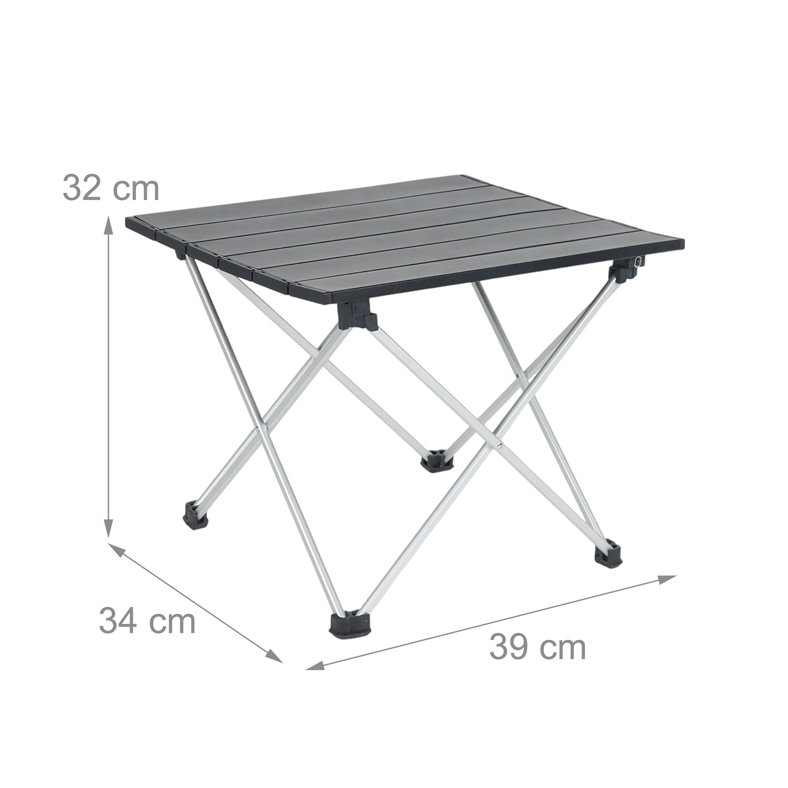 Kleiner, klappbarer Campingtisch in Schwarz mit silbernen Metallbeinen und Maßangaben in cm.