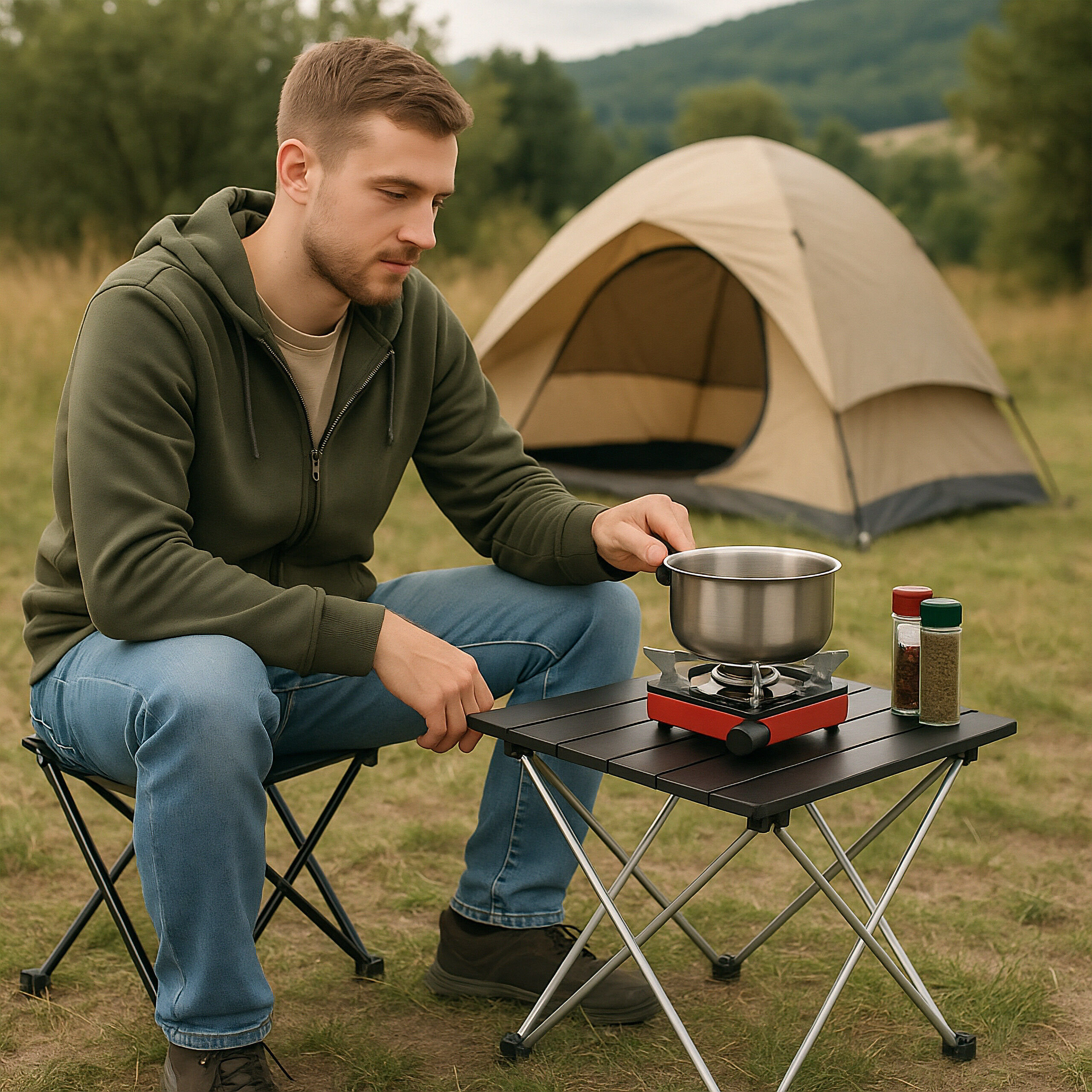 Ein junger Mann sitzt beim Camping vor einem Zelt an einem kleinen Tisch und berührt einen Topf auf einem Kocher.