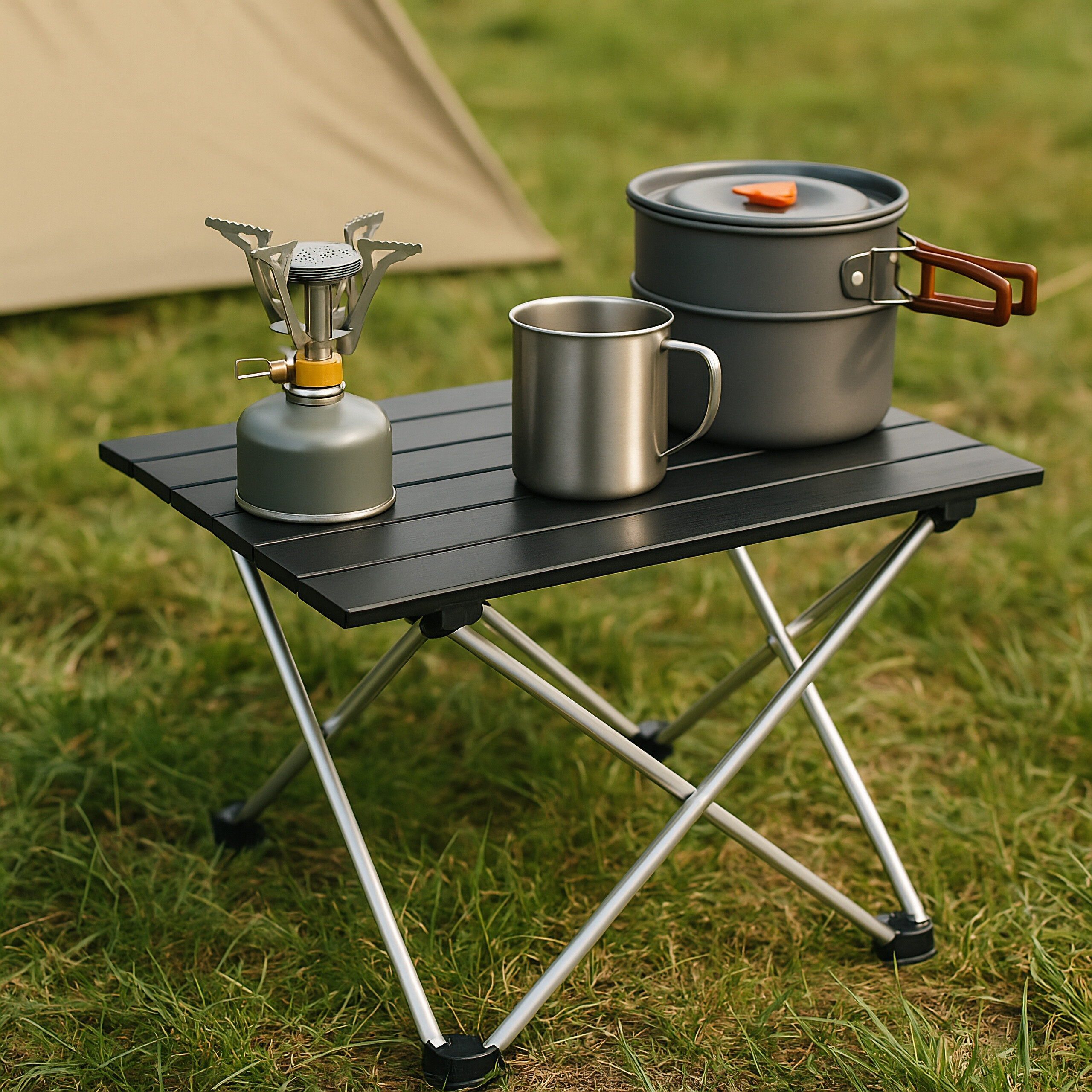 Ein tragbarer Gaskocher, ein Becher und ein Topf stehen auf einem Falttisch auf einer Wiese vor einem Zelt.