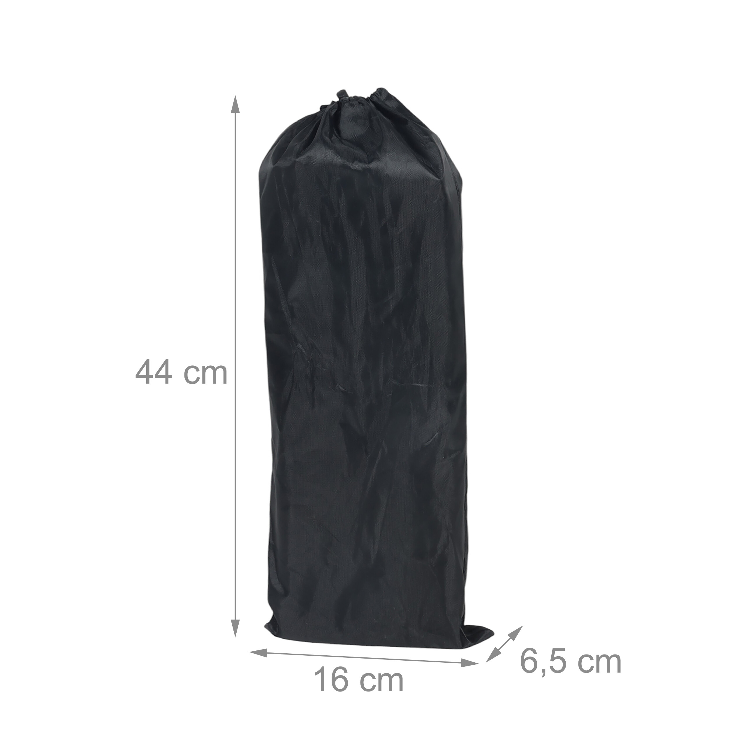 Schwarze Stofftasche mit Kordelzug und aufgedruckten Maßen 44x16x6,5 cm auf weißem Hintergrund.