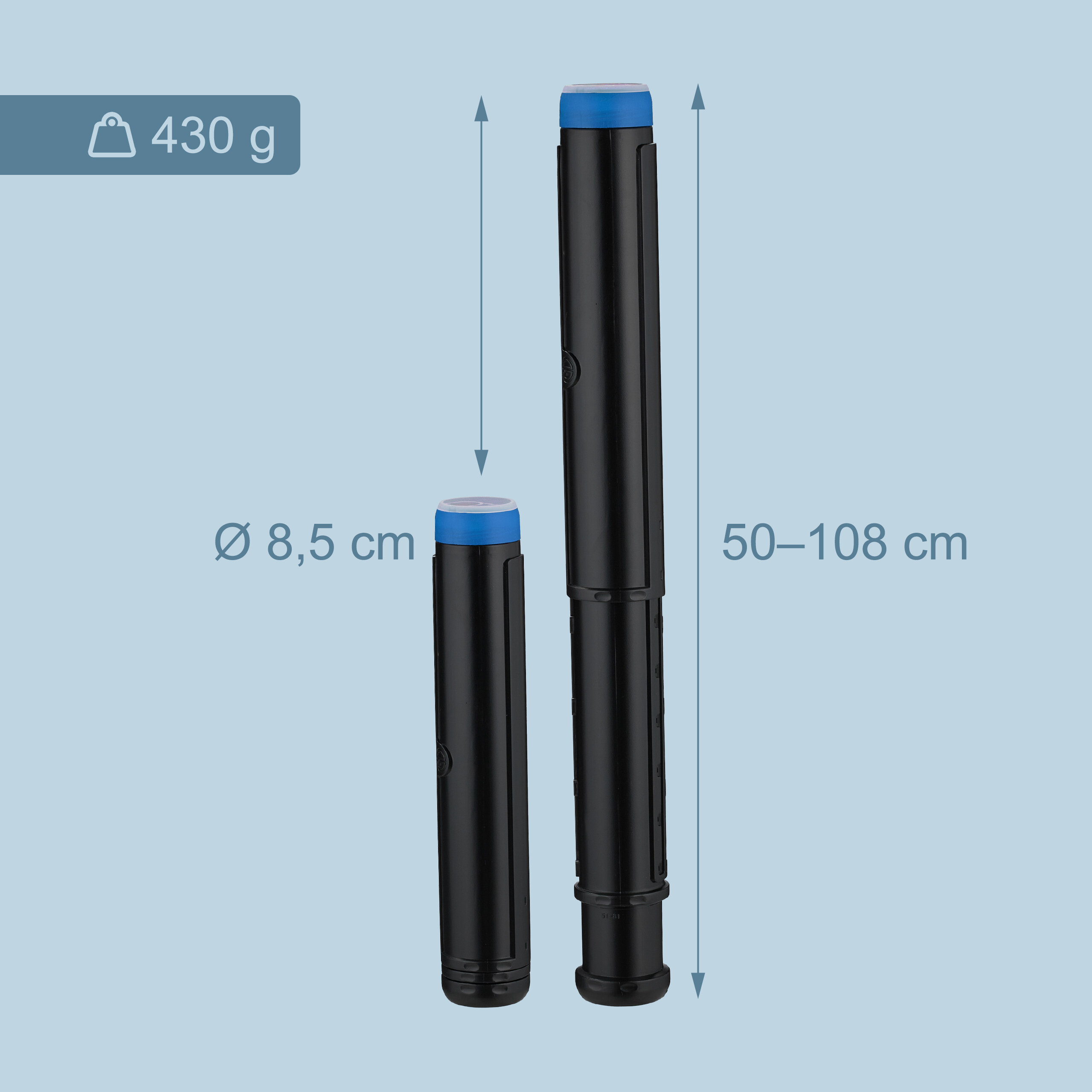 Schwarze Teleskop-Dokumentenrolle mit blauen Kappen, 8,5 cm Durchmesser, 50-108 cm Länge und 430 g Gewicht.