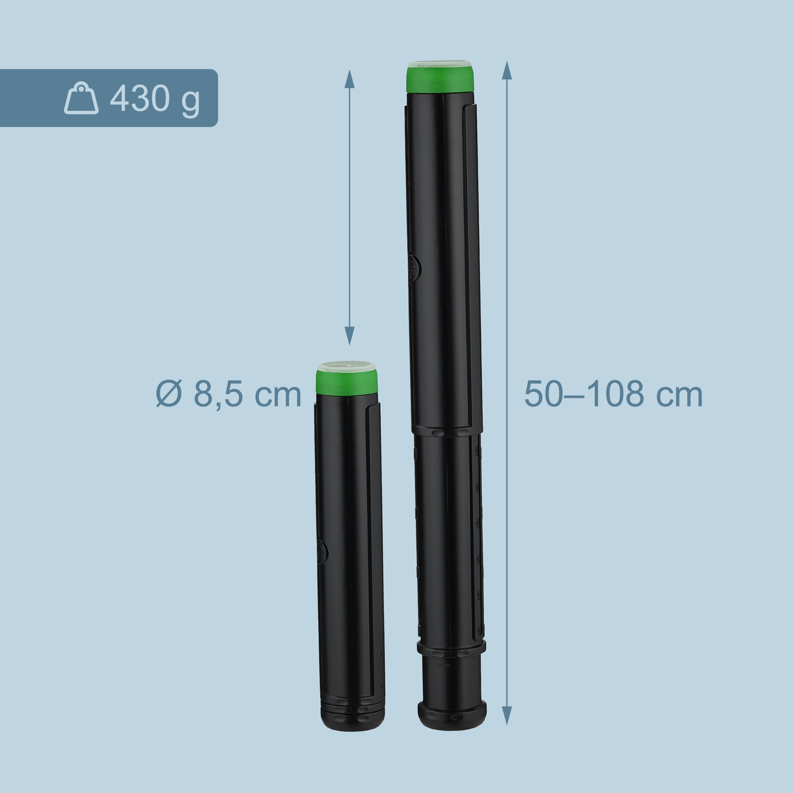 Schwarze Teleskop-Dokumentenrolle mit grüner Kappe, 430 g, 8,5 cm Durchmesser, 50-108 cm lang.